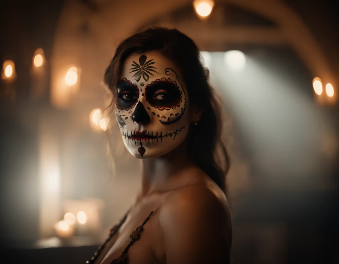 beautiful naked woman, in Catrina / Mexican Skull MakeUp (Dia de muertos), (((dimly lit room with evening light rays entering a nearby window))), medium frame, sharp focus, low-light cross-processed film still, award winning studio photography, professional color grading, clean sharp focus, hyperrealistic, In a dark graffiti background, 8k