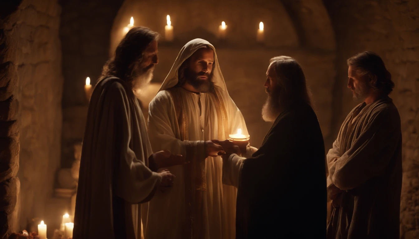 (best quality,4k,8k,highres,masterpiece:1.2),ultra-detailed,(realistic,photorealistic,photo-realistic:1.37),sharing the light,Jesus Christ and Nicodemus,soft candlelight,inspirational portrait,pious,divine,holy,religious,spiritual,expressive faces,gentle expressions,sacred atmosphere,subtle shadows,theological conversation,ancient religious garments,Judean night scene,soft glowing halo,profound wisdom,deep eye contact,transcendent,faith,heavenly connection,mystical,peaceful countenance,meaningful dialogue,emotional depth,spiritual revelation,symbolic gestures,divine knowledge,colorful robes,sacred scriptures,ethereal beauty,warmth and love,inspiring storytelling
