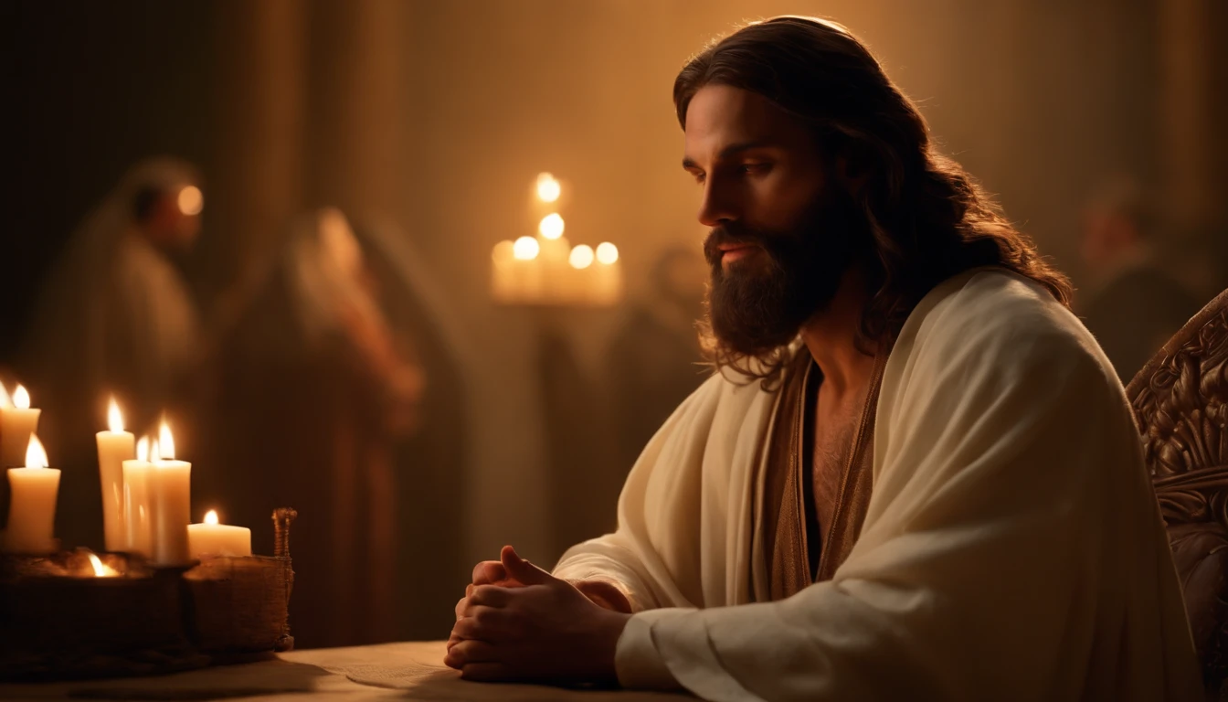 (best quality,4k,8k,highres,masterpiece:1.2),ultra-detailed,(realistic,photorealistic,photo-realistic:1.37),sharing the light,Jesus Christ and Nicodemus,soft candlelight,inspirational portrait,pious,divine,holy,religious,spiritual,expressive faces,gentle expressions,sacred atmosphere,subtle shadows,theological conversation,ancient religious garments,Judean night scene,soft glowing halo,profound wisdom,deep eye contact,transcendent,faith,heavenly connection,mystical,peaceful countenance,meaningful dialogue,emotional depth,spiritual revelation,symbolic gestures,divine knowledge,colorful robes,sacred scriptures,ethereal beauty,warmth and love,inspiring storytelling