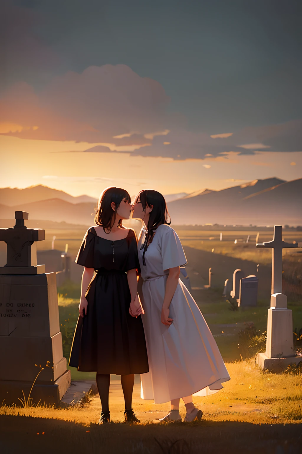 Beautiful lesbian women kissing at an old Pioneer Cemetery outside a ghost town,  full body