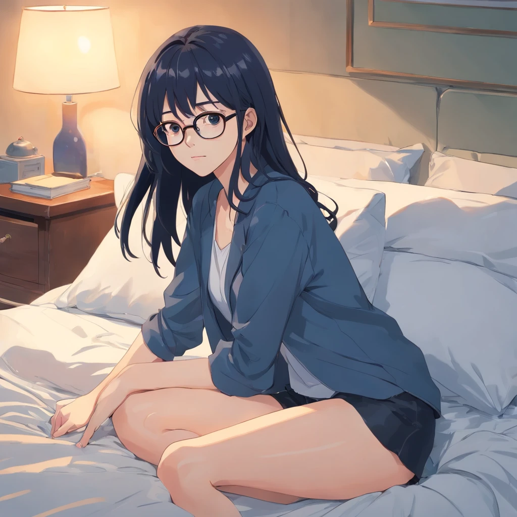 Highest quality、Ultra-high resolution、Fantasy、roleplaying game、Small naked girl with no clothes on looking embarrassed、In the bedroom、night、Under-rim glasses