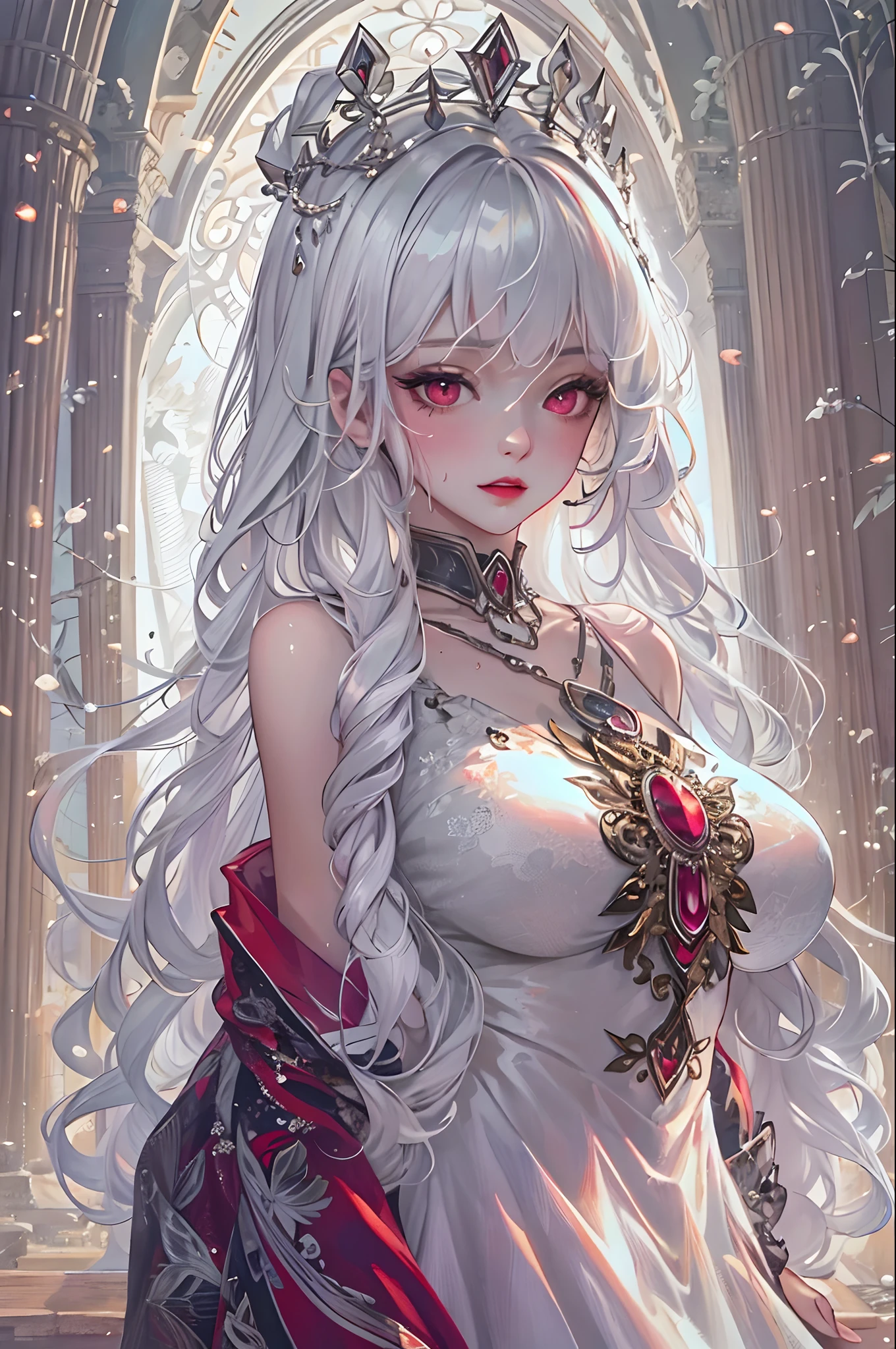 (masterpiece, top quality, best quality, official art, beautiful and aesthetic:1.2), (1girl:1.3), (fractal art:1.3), absurd, masterpiece, best quality, realistic, hyper-detailed, (shiny skin, sweaty:1.4), looking at viewer, slender, 1girl, solo, white sneakers, white miniskirt, straight long hair, princess cut, purple hair, red eyes, (thick thighs:0.5), dynamic lighting, high resolution, sharp focus, depth of field, small breasts,vampire, masterpiece, best quality, ultra-detailed, illustration, ultra-detailed face, best quality face, evil, 30 years old, adult, 1girl, 30 years old, no human, white hair, alchemy outfit, intricate detailed outfit, sexy pose, glowing red dress, cute, kawaii, digital art, finely detailed eyes