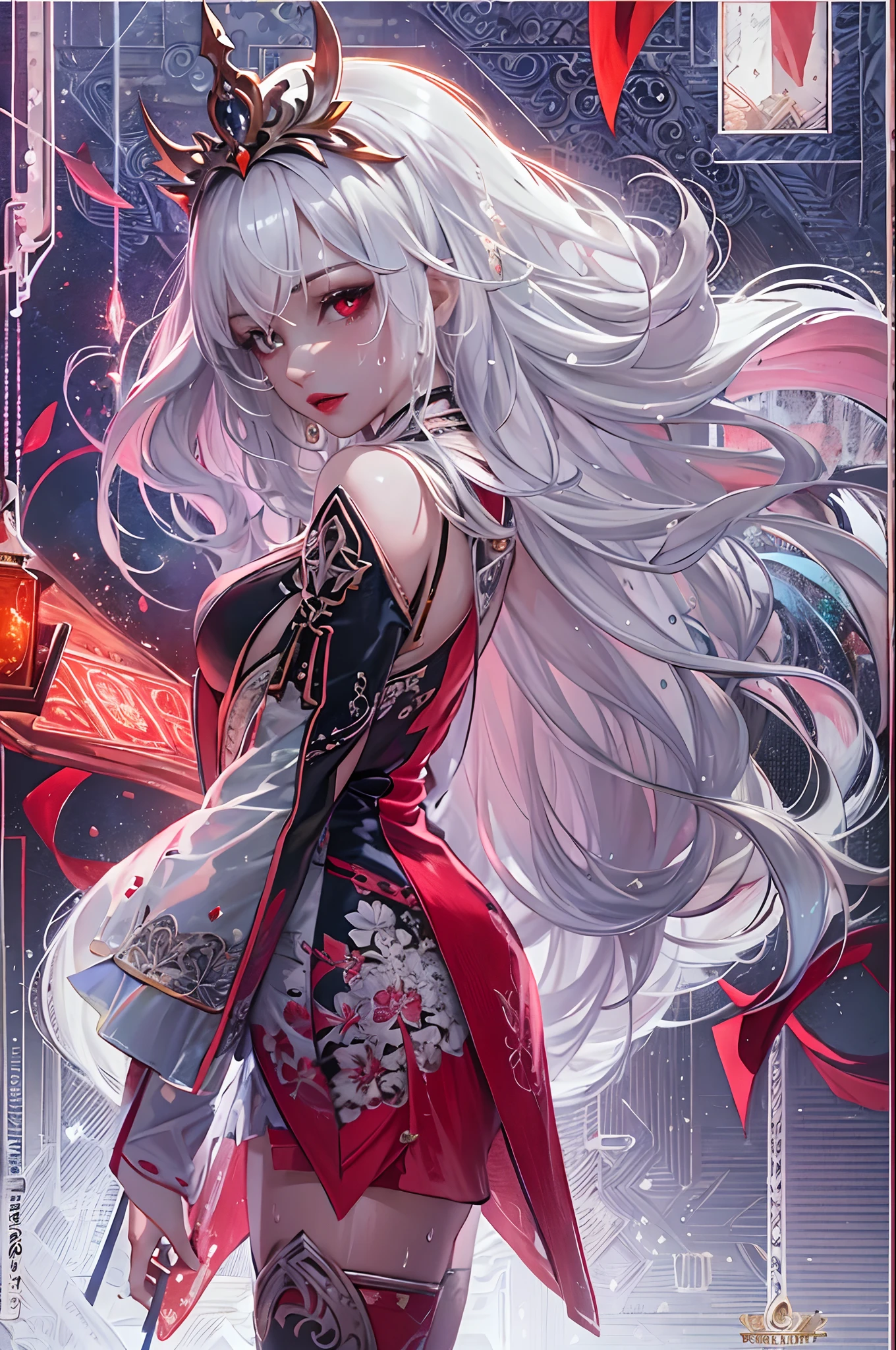 (masterpiece, top quality, best quality, official art, beautiful and aesthetic:1.2), (1girl:1.3), (fractal art:1.3),absurd, masterpiece, best quality, realistic, hyper-detailed, (shiny skin, sweaty:1.4), looking at viewer, slender, 1girl, solo, white sneakers, white miniskirt, straight long hair, princess cut, white hair, red eyes, (thick thighs:0.5), dynamic lighting, high resolution, sharp focus, depth of field, medium breasts, side boob, vampire, masterpiece, best quality, ultra-detailed, illustration, ultra-detailed face, best quality face, evil, 18 years old, adult, 1girl, 18 years old, white hair, alchemy outfit, intricate detailed outfit, sexy pose, glowing red dress, cute, kawaii, digital art, finely detailed eyes, blushing, red cheeks