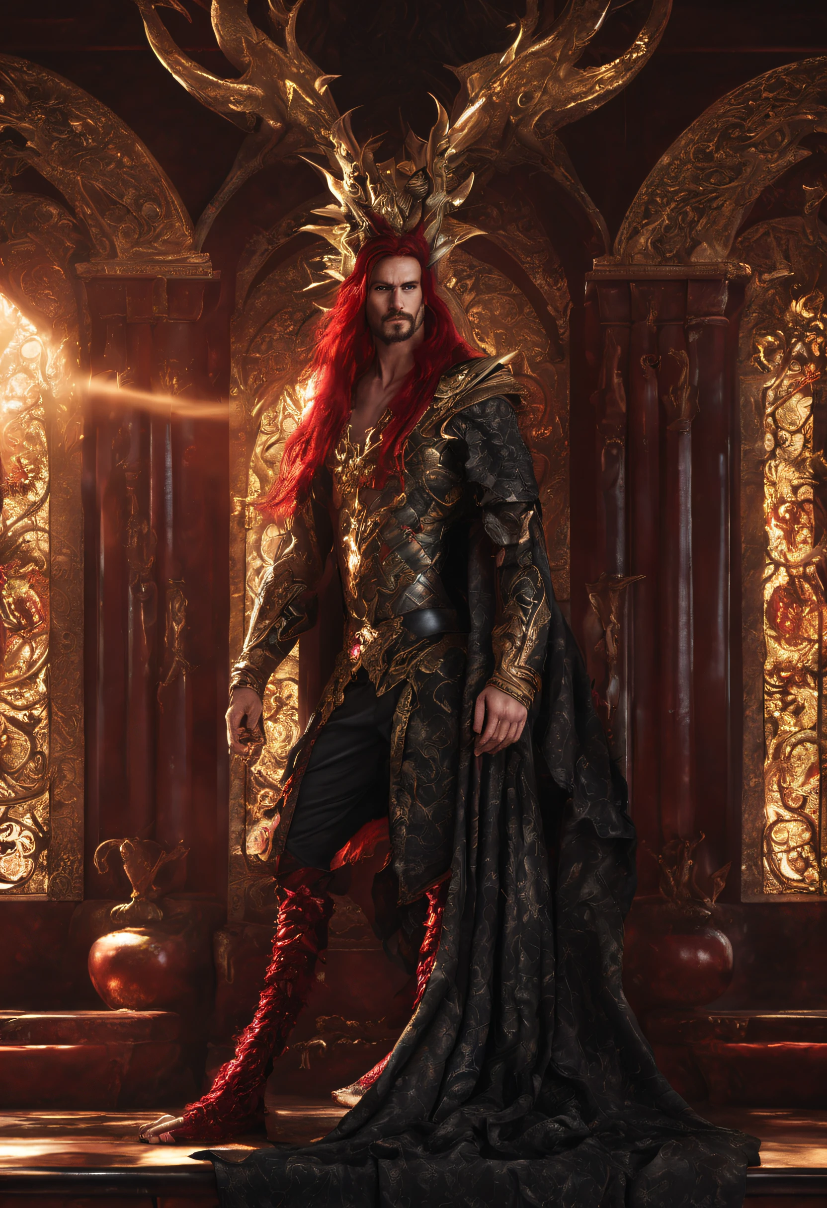 (Handsome dragon guy 40 years old), (long black and red hair), (Dragon horns on the head), (Black mother-of-pearl scales), (Languid look), (full length:1.4), (Sly grin), jewels, cloths, (naked torso), Fantasy Gothic interior, Sun light, Magic shining pollen in the rays of the sun, ornate patterns, Column, Curtains, hiquality, wallpapers, 24 thousand........., ultradetail, topquality