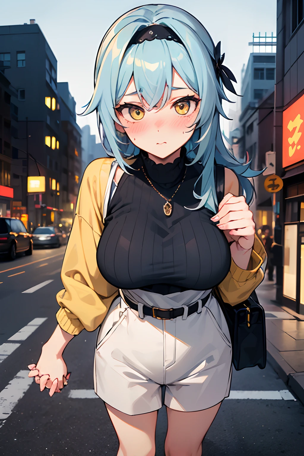 absurdres, highres, highly detailed, (official art, beautiful and aesthetic:1.2), ultra detail, beautiful face, ((mature female)), 1women, Eula, black hairband, blue hair, hair ornament, hairband, short hair, yellow eyes, blushing, loving smile, wide hips, thicc thighs, necklace, ((long sleeve dress)), ((seductive pose)), (city at nights), dynamic lighting, dynamic shadows