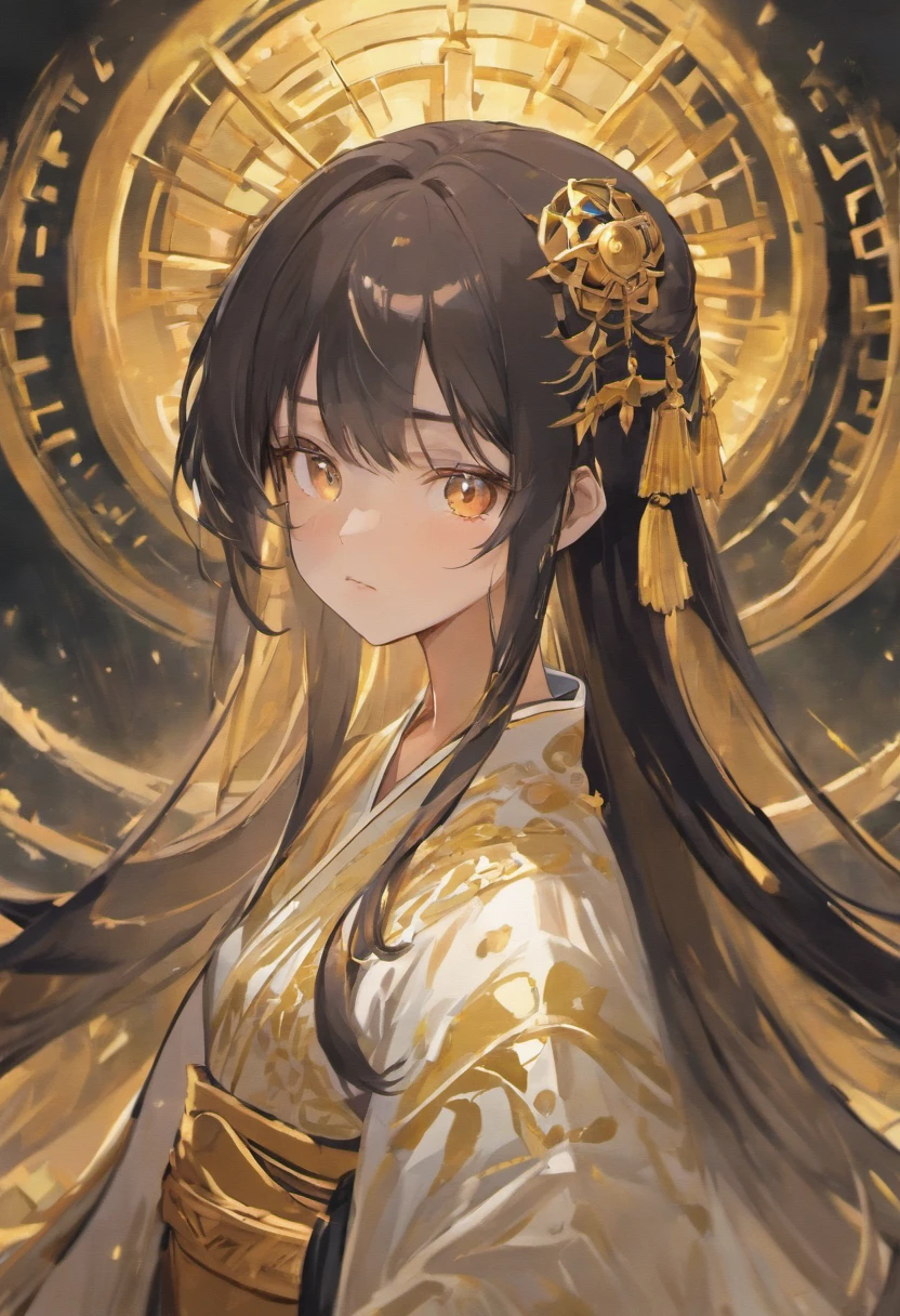 masterpiece, top quality, 1girl, straight black long hair, gold eyes, perfect face, short height, white hanfu