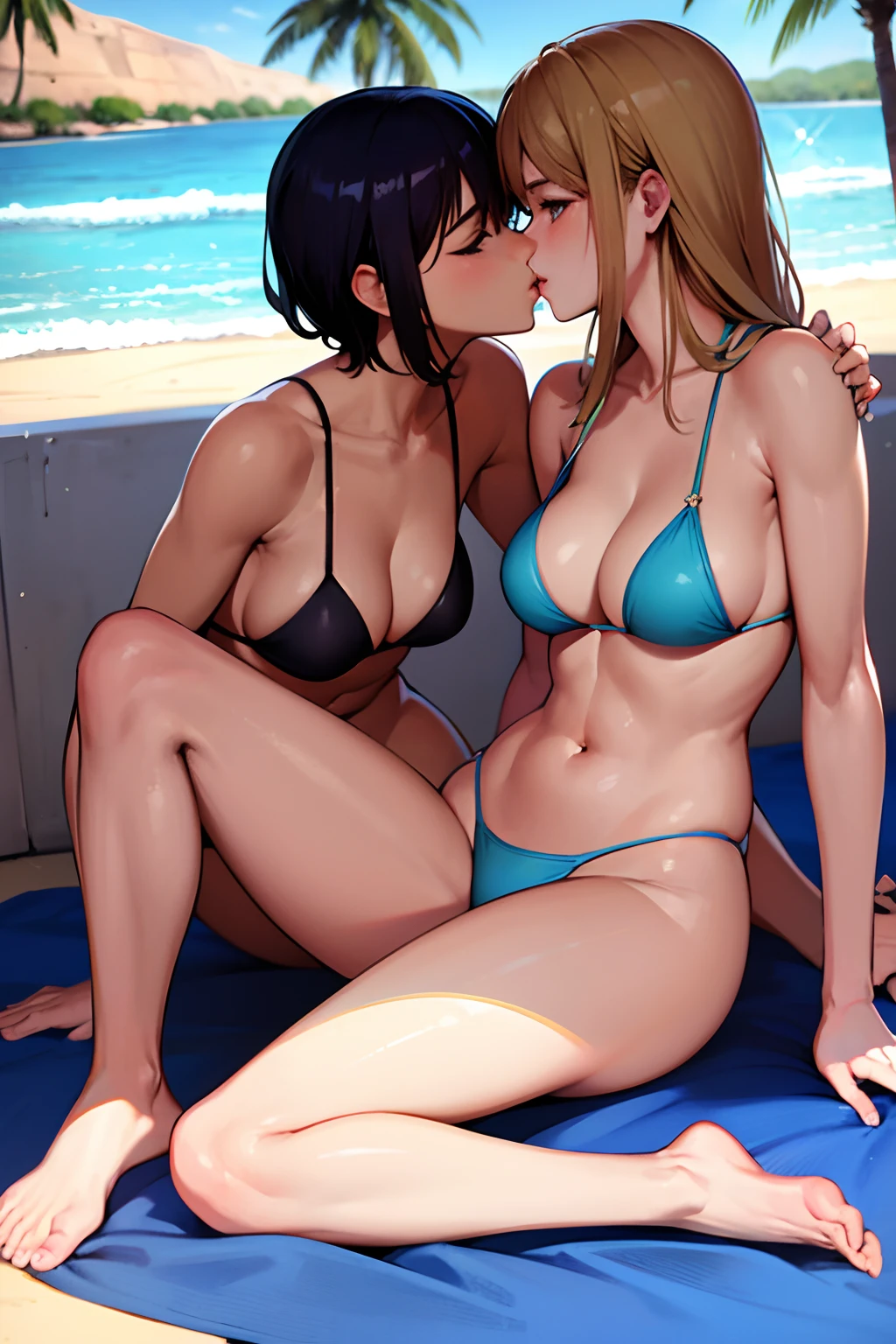 Beautiful lesbian women kissing at a Sports Illustrated Swimsuit Issue photo shoot,  full body
