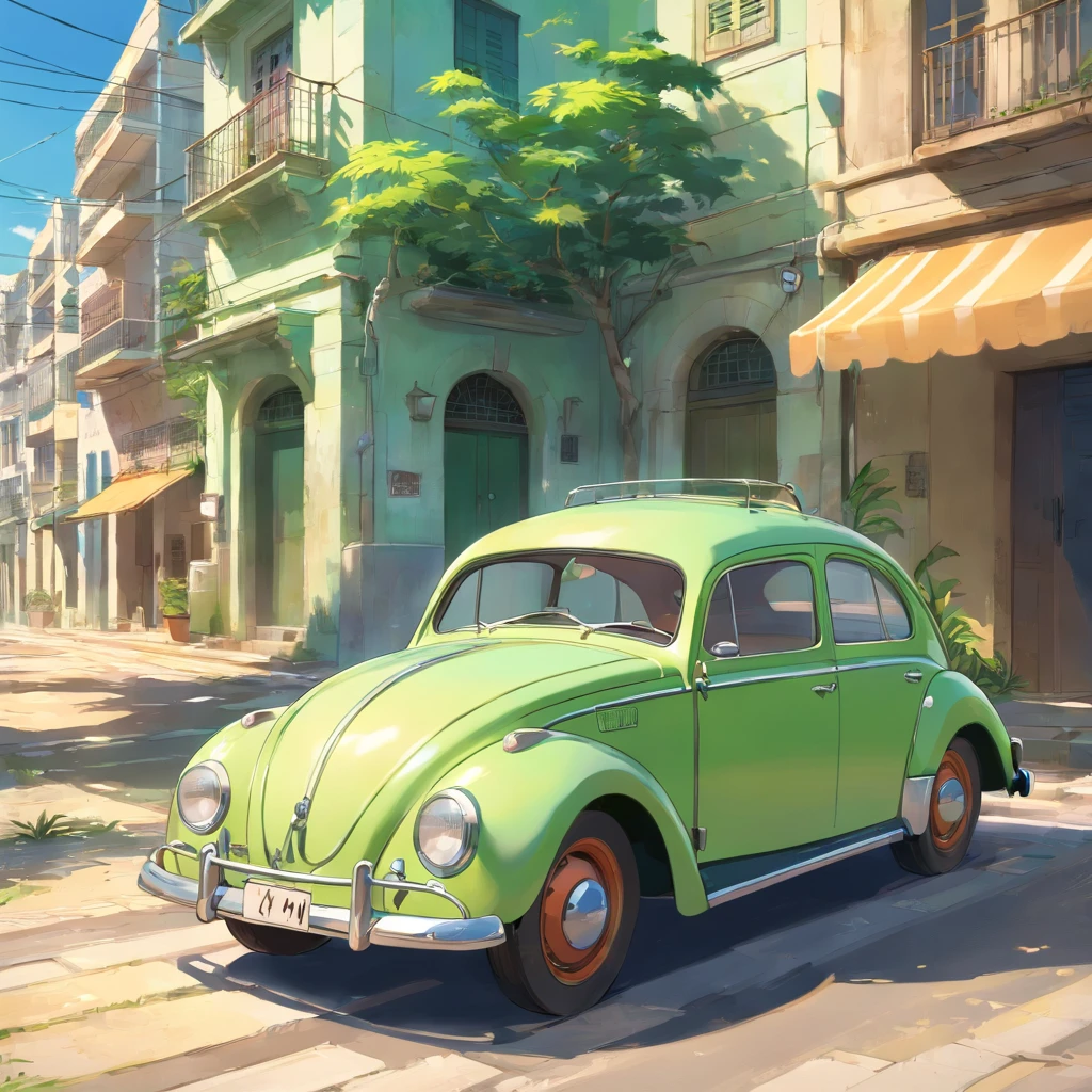 vista externa, um tiro largo, um tiro largo e cheio, vista frontal, Vista exterior, Tiroteio interessante, do lado de fora de uma casa, visto de fora, Medium Wide Shot, Front view, Adobe Illustrator, imagem vetorial de um carro verde claro, modelo Volkswagen fusca 1950, Car proportional to the area , carro no centro da imagem sem cortes, em frente a uma praia no Caribe, com palmeiras, Old buildings of Havana, ::n_baixa qualidade, boneco, anime, imperfeito, Texto, assinatura.