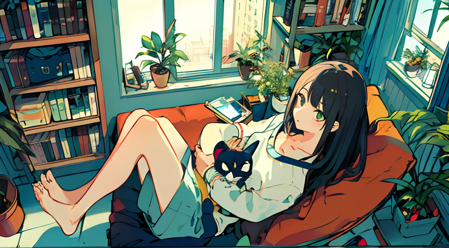 a girls, from above, plant, black hair, cat, lying, indoors, holding, long sleeves, long hair, stuffed toy, potted plant, book, food, window, phone, loaded interior, television, short hair, on back, stuffed animal, bangs, slippers, barefoot, sitting, bookshelf, shelf, cable, computer