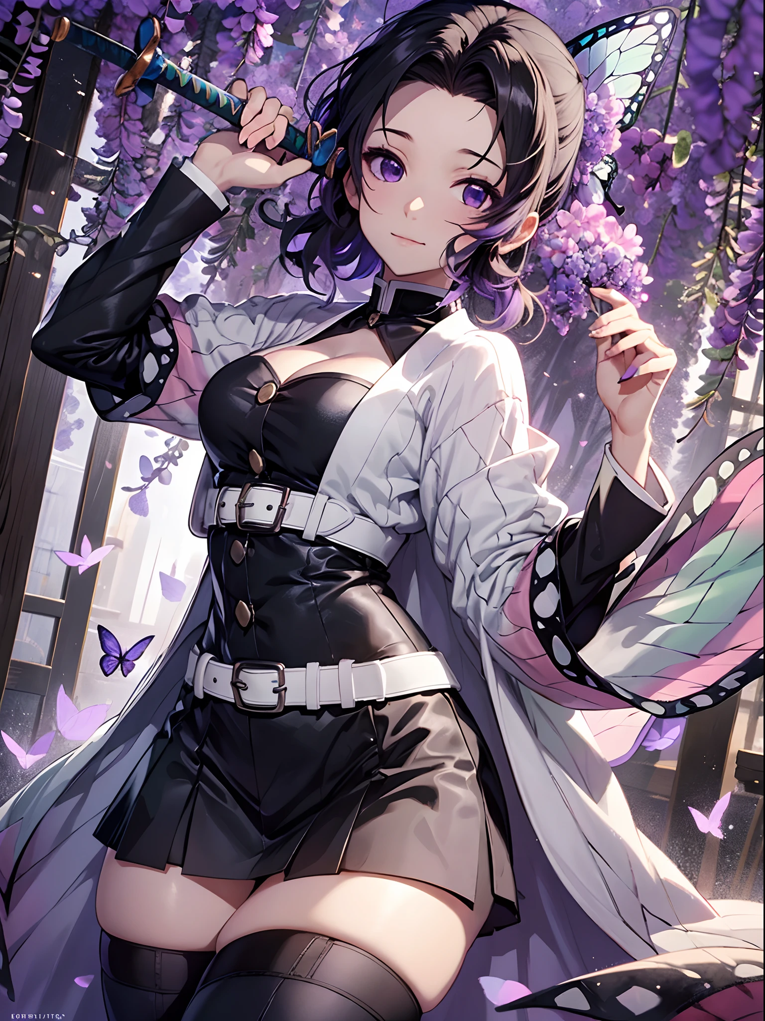 Ultra-realistic 8K CG,tmasterpiece,((Ultra detailed backgrounds,delicate patterns,Complicated details)),Best quality at best,very vey very detailed face,very detailed eyes and faces,Very detailed eyes,Kochou Shinobu,O cabelo multicolorido,No bangs,hair intakes,Purple eye,Forehead,Black shirt,Black pleated skirt,haori,butterflys,obi strip,(trpical garden:1.2),purple flower,mostly cloudy sky,rays of sunshine,Tyndall effect,Gradient_sky,the face,beautiful sky,Saber on the waist,captivating posture,(Large breasts:1.3),(cleavage:1.3),(Off-the-shoulder attire:1.5), black leather thigh high socks