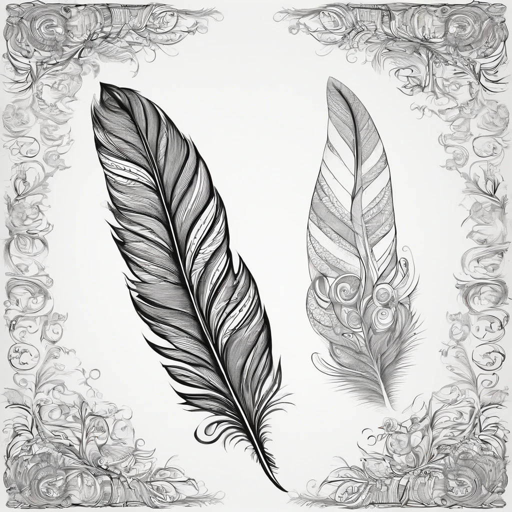 a black and white drawing of a feather with swirls, beautiful feather, feather tattoos, detailed feathers, very detailed black feathers, feather, intricate ink designs, higly detailed black ink outline, black and white ink ', tattoo design, line drawing tattoos, beautiful feathers, temporary tattoo, intricate artwork, sublime but intricate design, drawn on paper, medium sized tattoo sketch