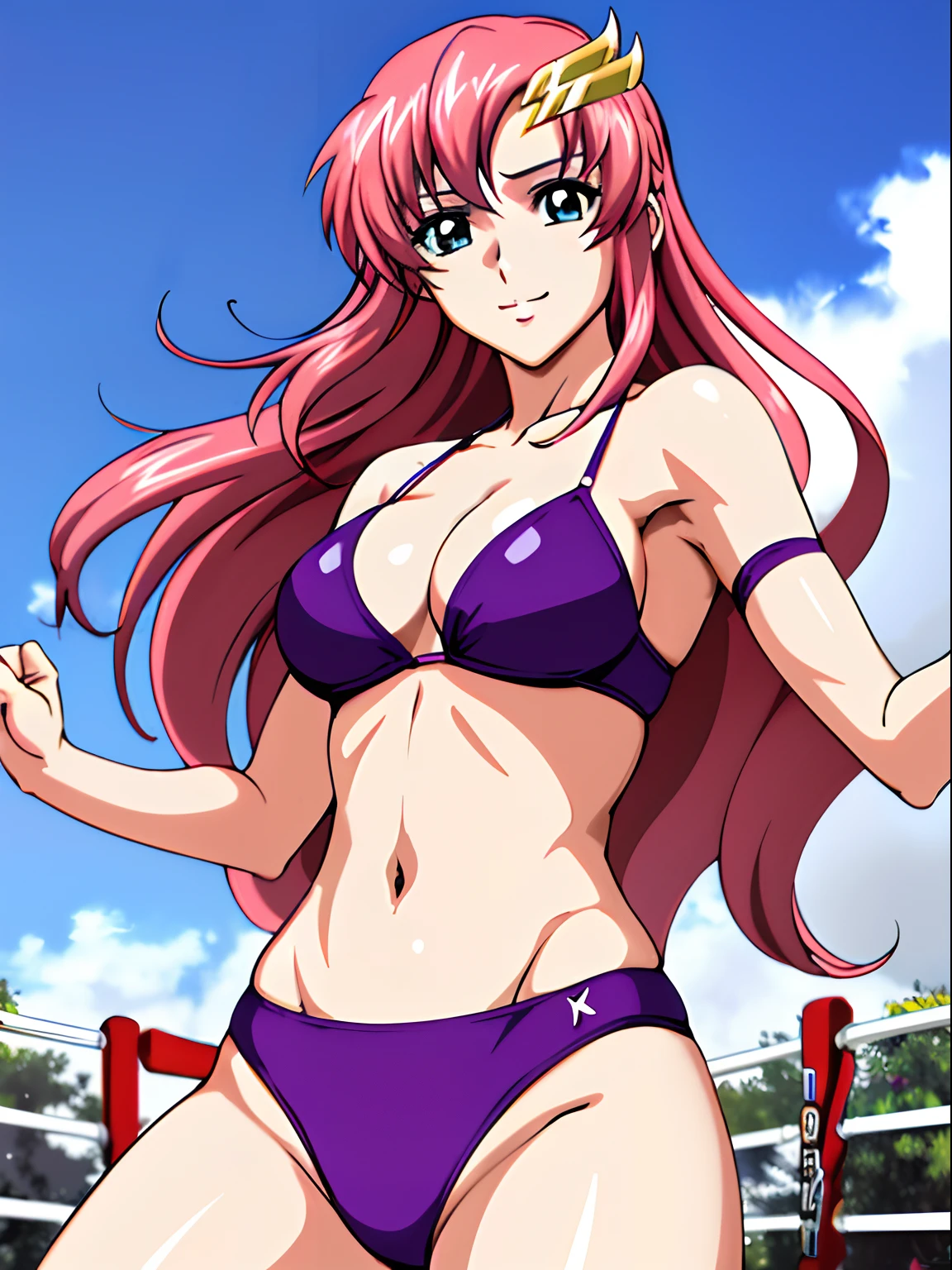 (masterpiece, upper body view, 4K, Best Quality, Anime style: 1.9,, Adult Woman, ultra detailed face, (cloud background, wrestling), Drawing lines, high resolution, Anime, lacus4), 1girl, Solo, curvy figure, Long hair, 鎖骨, scapular, (Detailed wide hair bangs, Hair Ornament, Detailed reddish-pink hair, golden crest), cleavage, large hands, (female wrestler). (Big blue eyes, shiny eyes), ((female wrestler, slender body, broad shoulders, closed fists)), ((perfect proportions, medium breasts, long belly)), (((bikini, pink wrestling gear))), happy, smile, (standing, looking at the viewer)