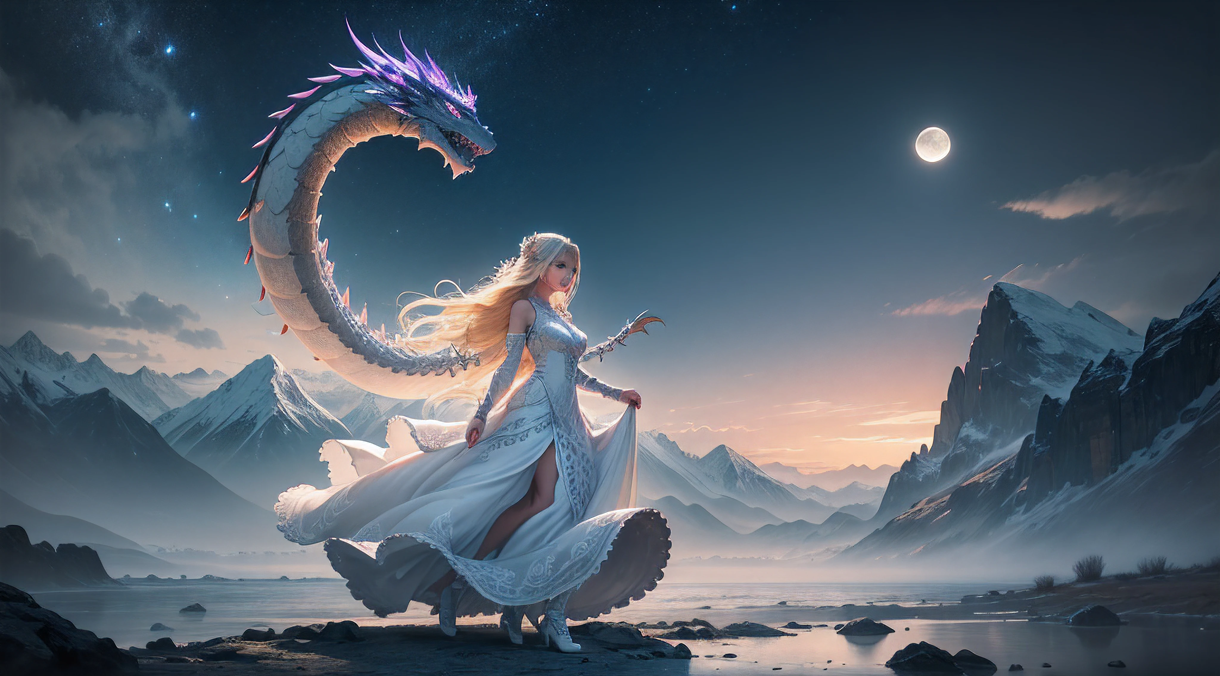 (best quality,4k,8k,highres,masterpiece:1.2),ultra-detailed,realistic:1.37,highly detailed warrior girl with long flowing blonde hair,beautiful detailed eyes,beautiful detailed lips,wearing a white dress,white dress with intricate lace details,white dress adorned with delicate embroidery,white dress with a flowing train,white dress with a dragon pattern,chinese fierce dragon pattern on the white dress,aggressive Chinese dragon with sharp claws and fiery breath in the background,mountains in the background,moon shining brightly in the night sky, eerie, sinister lighting bathing the scene in an otherworldly glow,moonlight casting long shadows in the dark,casting an ethereal light on the scene,playful and mysterious lighting effects,dark shadows dancing across the landscape,vivid colors illuminating the composition.