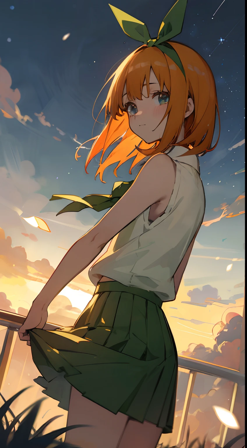 magical photography, ultra-detailed, 4k, Depth of field, High-resolution, outdoors, night, starry night sky, starts made of iridescent tears, girl from behind, looking at the sky, fireflies, intricate details, sfw, girl with shoulder length hair, bob hair, hair ribbon green, pretty teenage girl standing with orange shoulder length hair, nakano_yotsuba, aayotsuba, Nakano Yotsuba from The Quintessential Quintuplets, real life Yotsuba Nakano, masterpiece, 4k, ultradetailed, cowboy shot, nakano yotsuba, shoulder length straight orange hair, straight hair, blue eyes, sparkling eyes, green hair bow ribbon, green bowtie, yellow sleeveless sweater, collared white shirt, green pleated skirt, school uniform, from behind, looking at the sky