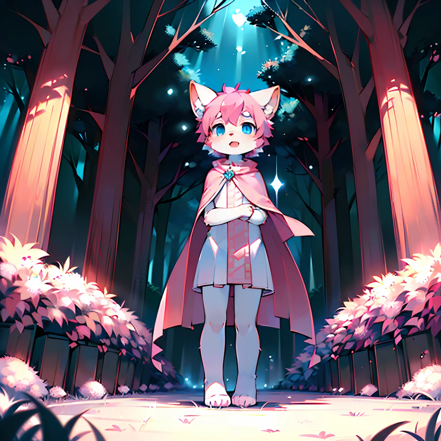 Anthropomorphic standing furry little wolf,adolable, Light:Extreme light and shadow,(anthr(Full Body Furry,Head bust close-up, A pink-haired,Large pink ears,Big blue eyes,The mouth is slightly larger,White fur,Reddish skin ,Sky blue eyes, A pink-haired:1.2), (long canines、Thick pale pink cape,White fur trims:1.2),(the night、lawns)) ,((Deep in the dark forest at night,glowworm,独奏,solo person)),((the detail)),(depth of fields),(Sell moe),(standing on your feet))