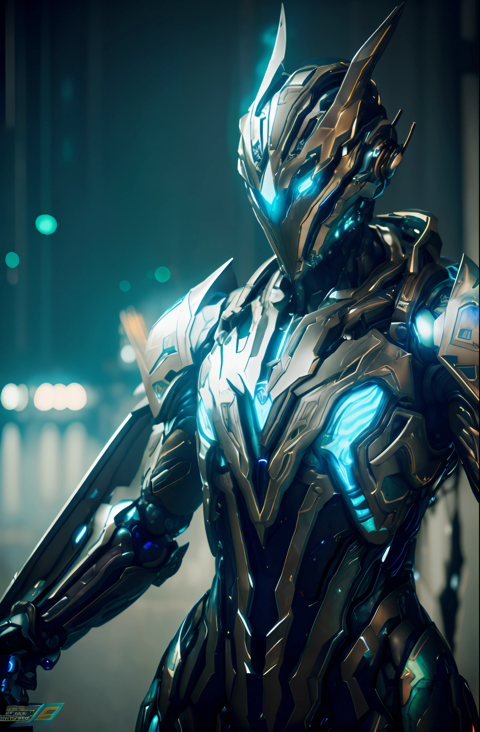 arafed robot with glowing eyes and a glowing arm, cyber suit, movie still of a cool cyborg, Unreal Engine 4K wallpapers, detailed warframe, 4K HD wallpapers very detailed, 4 k render, 4k rendering, intricate glowing mecha armor, warframe armor, high detail 4k render, movie still of a villain cyborg，male people，No hair