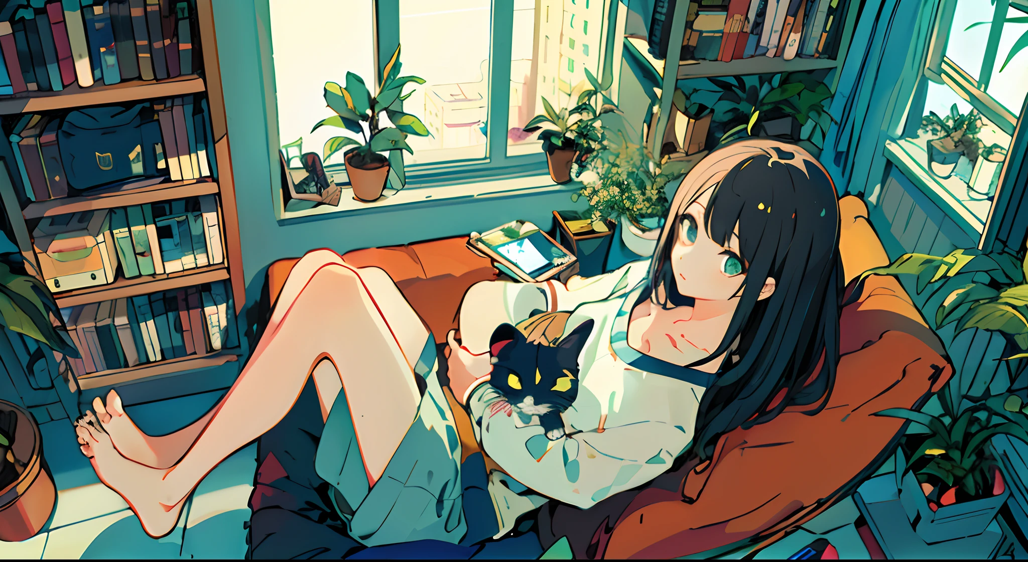 a girls, from above, plant, black hair, cat, lying, indoors, holding, long sleeves, long hair, stuffed toy, potted plant, book, food, window, phone, loaded interior, television, short hair, on back, stuffed animal, bangs, slippers, barefoot, sitting, bookshelf, shelf, cable, computer