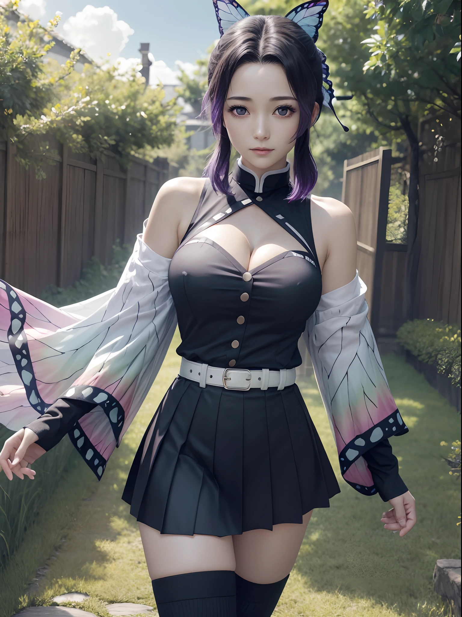 Ultra-realistic 8K CG，tmasterpiece，（（Ultra detailed backgrounds，delicate patterns，Complicated details）），Best quality at best，very vey very detailed face，very detailed eyes and faces，Very detailed eyes，Kochou Shinobu，O cabelo multicolorido，No bangs，hair intakes，Purple eye，Forehead，Black shirt，Black pleated skirt，haori，butterflys，obi strip，（trpical garden：1.2），purple flower，mostly cloudy sky，rays of sunshine，Tyndall effect，Gradient_sky，the face，beautiful sky，Saber on the waist，captivating posture，（Large breasts:1.3)，（cleavage:1.3)，（Off-the-shoulder attire:1.5), black leather thigh high socks