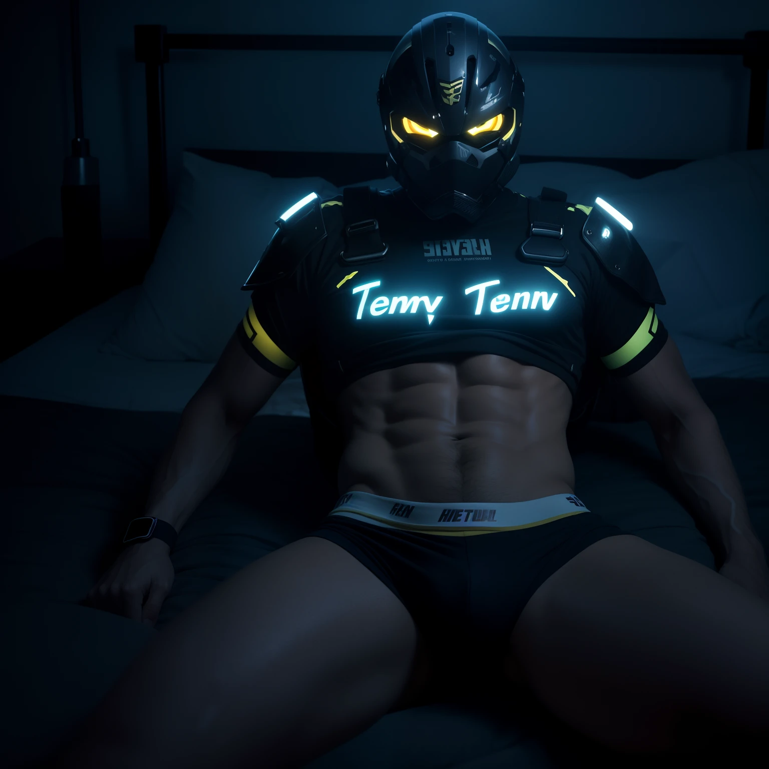  male posing, (((skinny body))), (((16yo porn, atmospheric, cute masculine square face, golden hair, dead inside, bokeh, background blur, bottomless, chainlet, chromatic aberration, wet, veined body, full body view, lying in bed, heavy armoured helmet, (((teen stu))), (((glowing yellow eyes))), (((glowing eyes))), dark atmosphere, glowing veins, tight camo boxers with text print