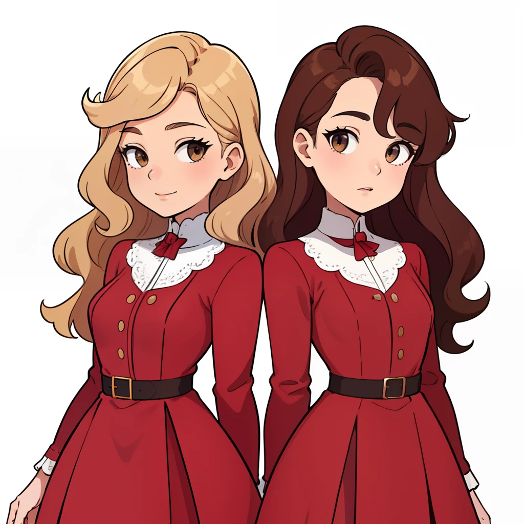 2girls, duo, twins, fancy outfits, mature woman, brown hair, blonde hair, curly hair, hair down, hazel eyes, white background
