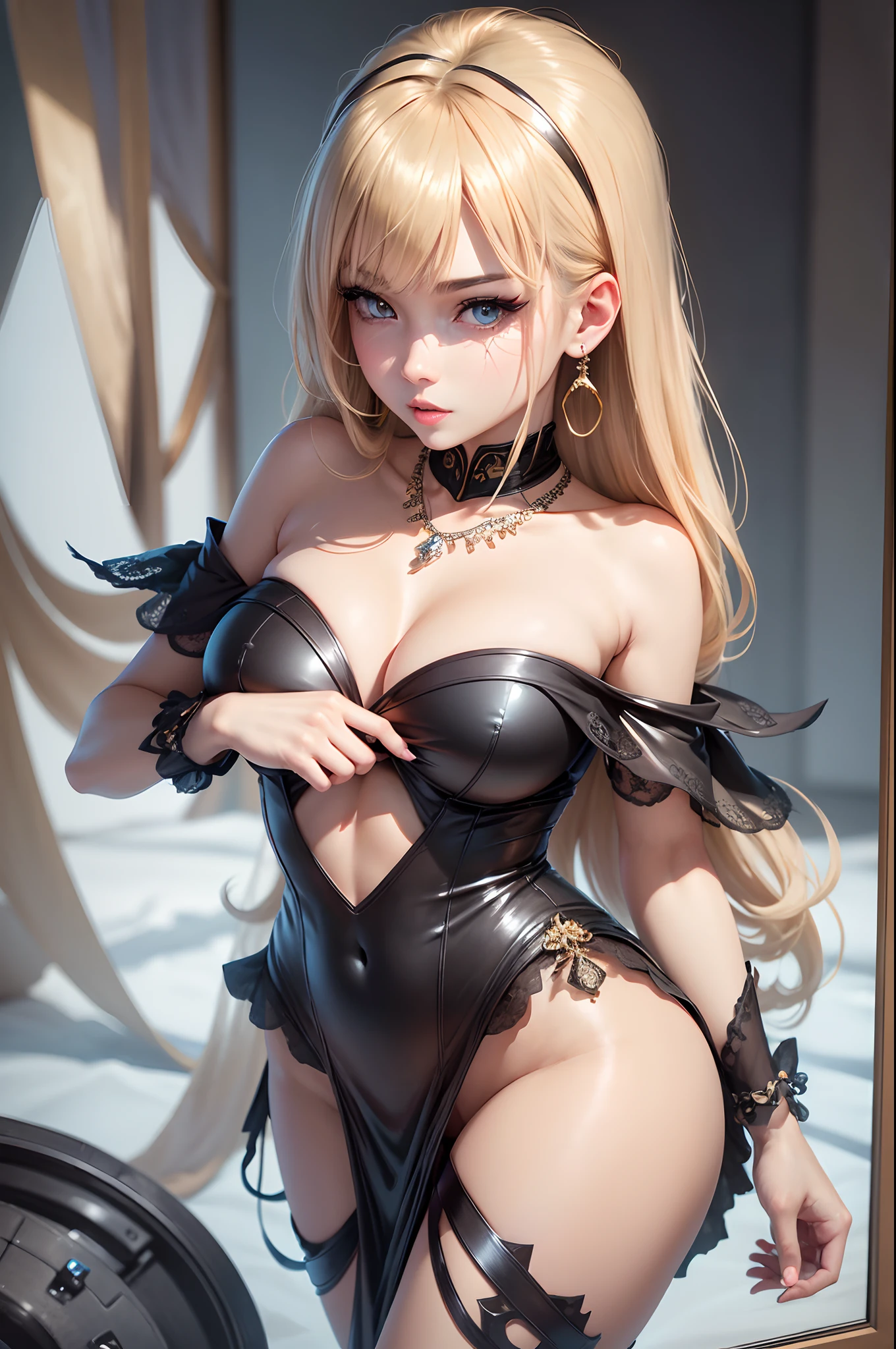 (masutepiece: 1.3), (max resolution: 1.2), (Ultra HDTV: 1.2), cinematric light, Detailed eyes and skin, detailed facial features, Resolution in 8K, Perfect Style, Beautiful face, acurate, Anatomically correct, Highly detailed facial and skin texture, Detailed eyes, 二重まぶた, tthin eyebrows, Glitter Eyeliner: 1.2, Natural cheeks, shinny skin, Fair skin: 1.2, Shiny little necklace, (Glossy lips: 1.4), (State-of-the-art clothing:1.2)、 (mischievous look: 1.2),Little Devil Woman , Highly detailed facial and skin texture, Detailed eyes, large shiny earrings, shiny lips: 1.4,Exposed cleavage,Full-body angle of view,Beautiful eyes, long, A sexy,Have sex appeal,Dynamic angle of view,Pose Seductive,Physical beauty,long legged,beauty legs,Thin leg。