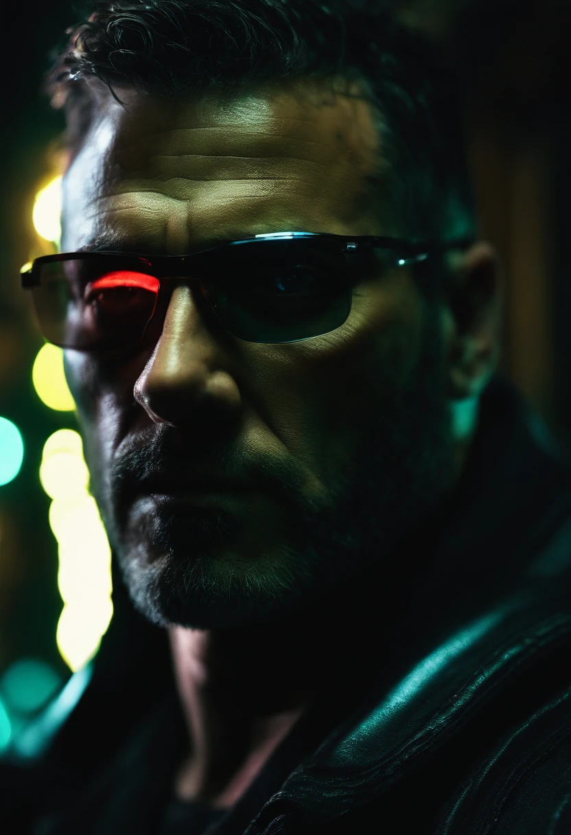 macro crisp quality, close up portraint, of cyberpunk brutal man, in cyberpunk neon room, rough skin, look at a camera, glowing eyes, age 40, cinematic, dimmed colors, dark shot, muted colors, film grainy, lut, spooky