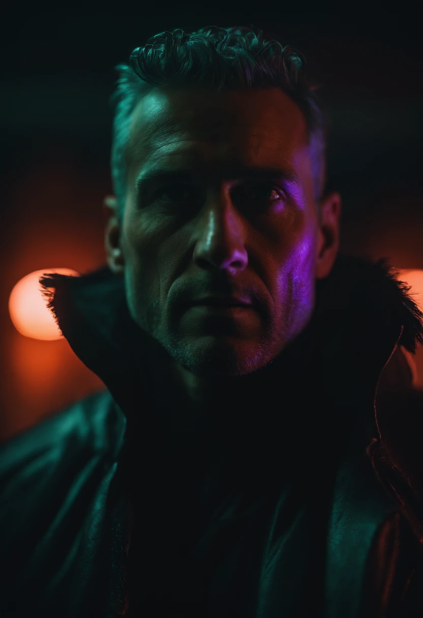 macro crisp quality, close up portraint, of cyberpunk brutal man, in cyberpunk neon room, rough skin, look at a camera, glowing eyes, age 40, cinematic, dimmed colors, dark shot, muted colors, film grainy, lut, spooky