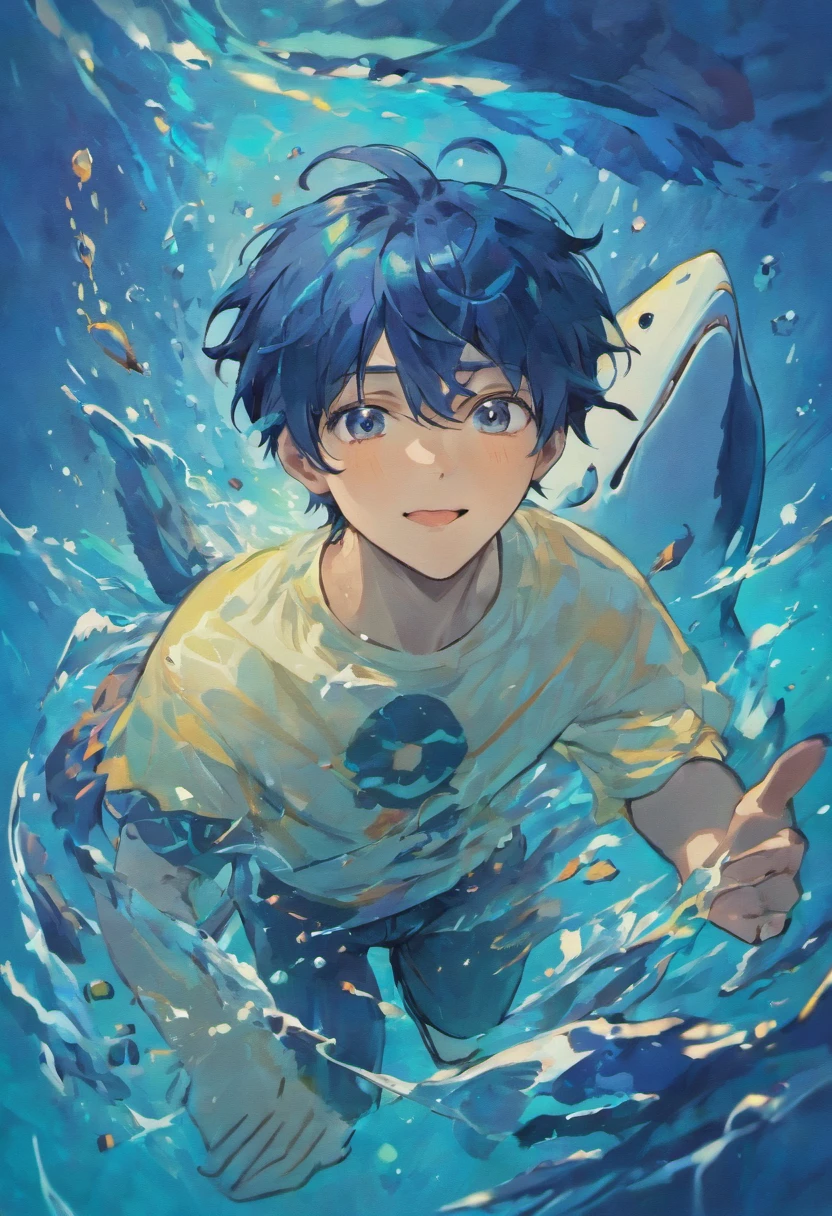 Magical smiling male water boy with dark blue hair with a whale in the sea