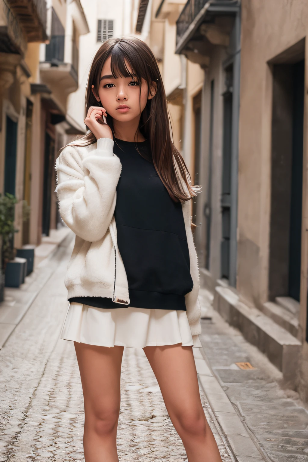 ((1 spanish girl)), (Laia Manzanares) (tween model, 18 years old, young)), ethereal beautiful, slim, petite, soft light, ((David Hamilton style)), on the night streets of a dangerous neighborhood, black miniskirt, high boots, thin fabric minitop, whole body, masterpiece, best quality, photo-realistic, 8k, high resolution, detailed skin, 8k uhd, dslr, soft lighting, high quality, film grain, Fujifilm XT3
