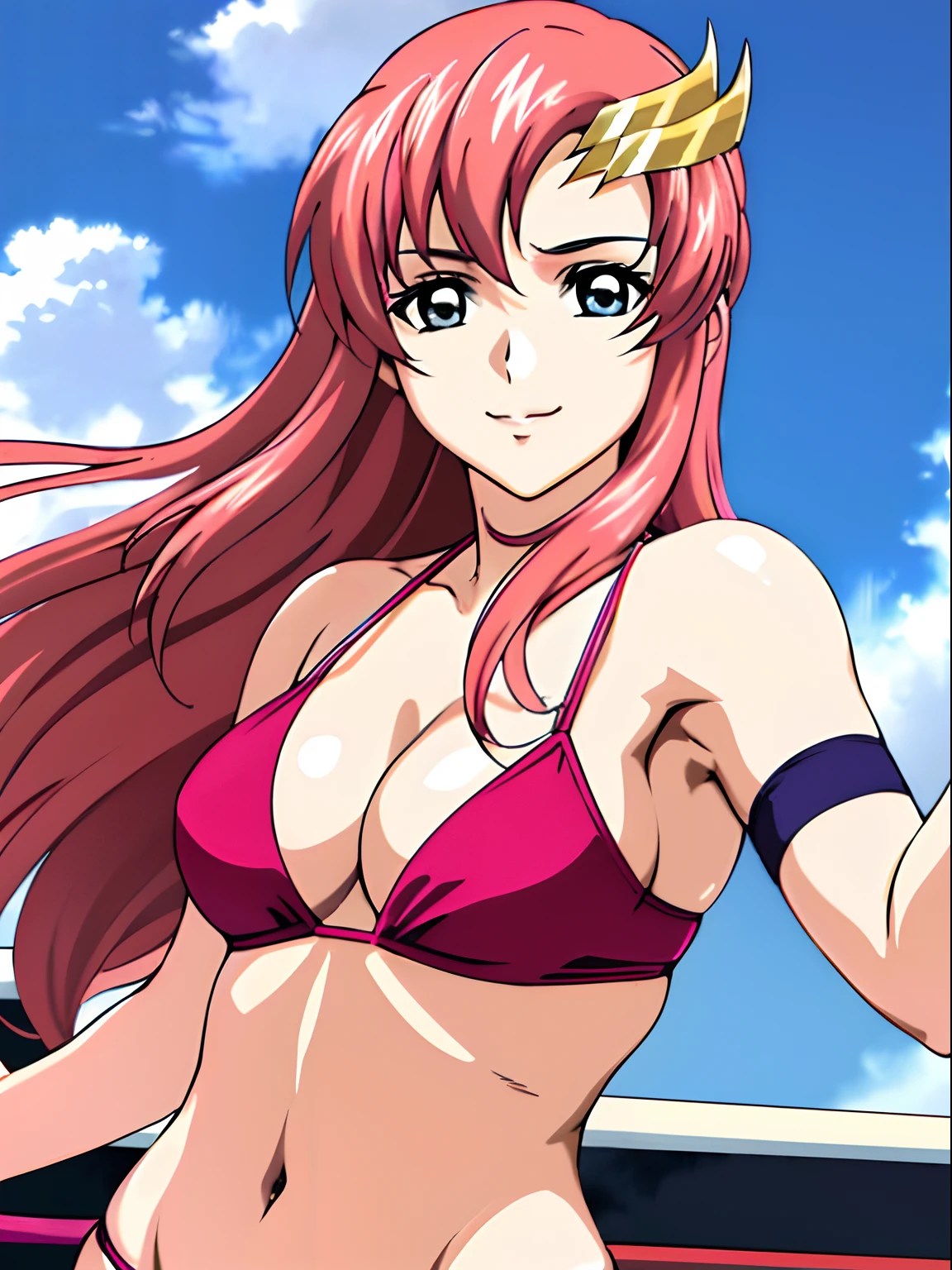 (masterpiece, upper body view, 4K, Best Quality, Anime style: 1.9,, Adult Woman, ultra detailed face, (cloud background, wrestling), Drawing lines, high resolution, Anime, lacus4), 1girl, Solo, curvy figure, Long hair, 鎖骨, scapular, (Detailed wide hair bangs, Hair Ornament, Detailed reddish-pink hair, golden crest), cleavage, large hands, (female wrestler). (Big blue eyes, shiny eyes), ((female wrestler, slender body, broad shoulders, closed fists)), ((perfect proportions, medium breasts, long belly)), (((bikini, pink wrestling gear))), happy, smile, (standing, looking at the viewer)