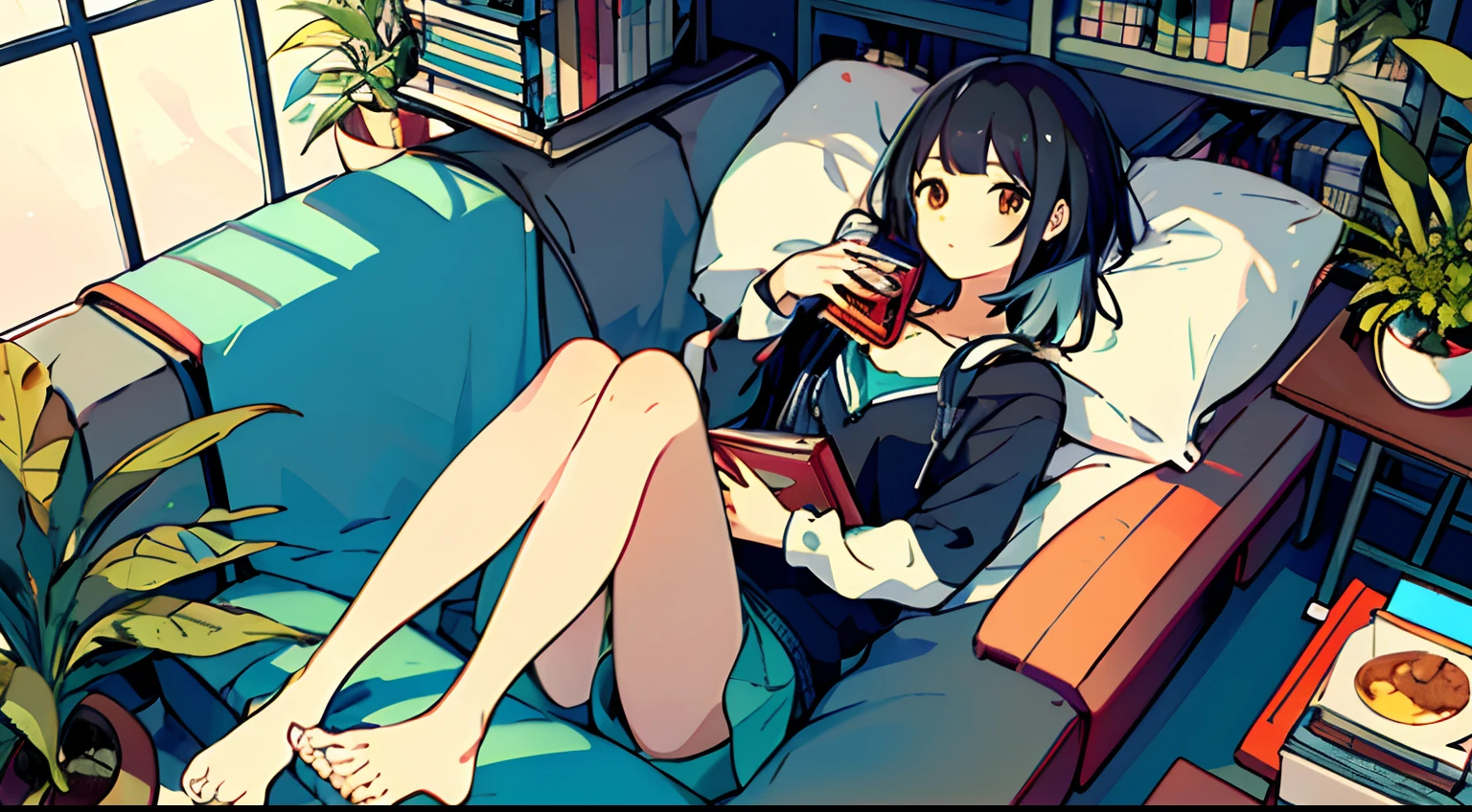 Anime girl sitting on a couch with a book and a drink - SeaArt AI