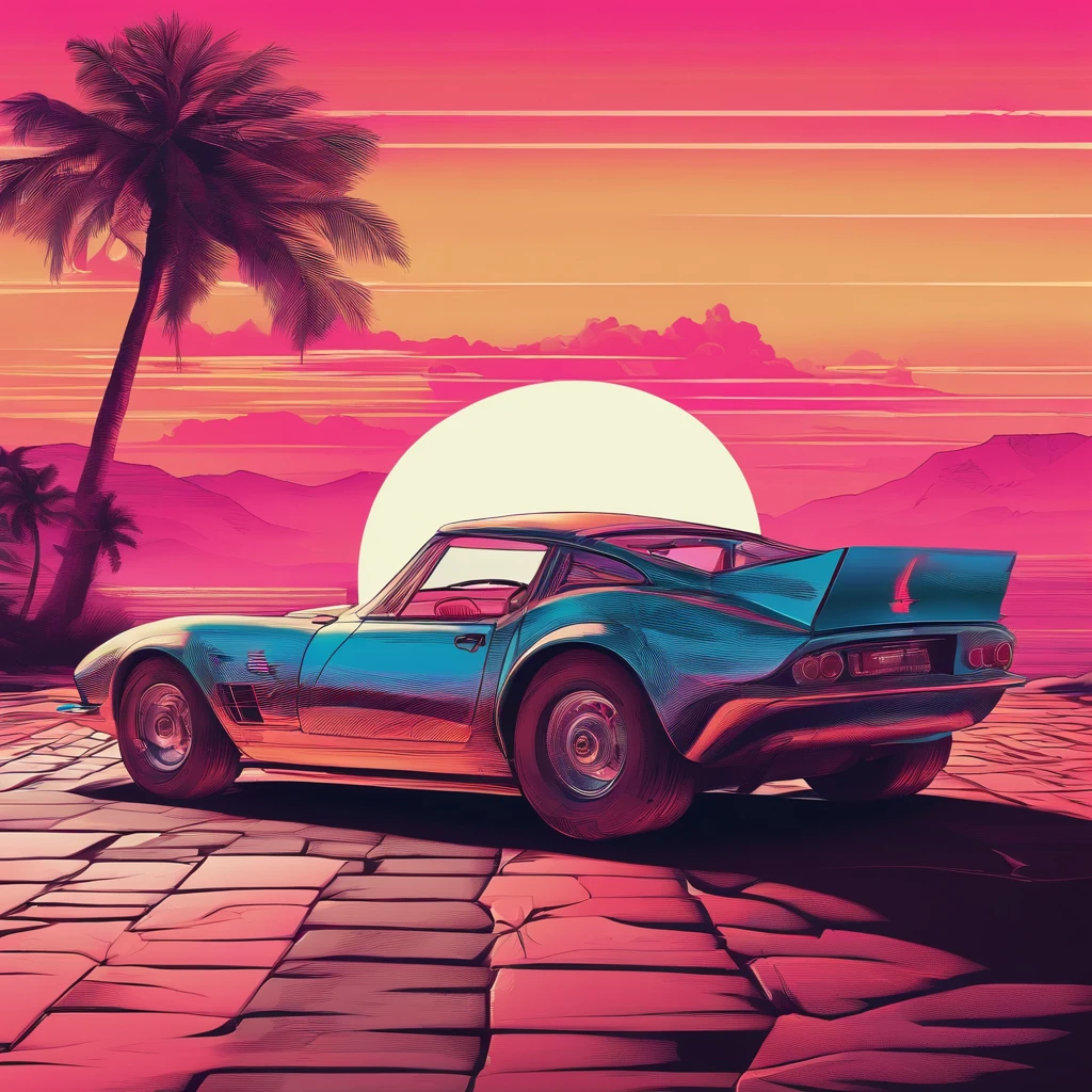 Old classic sports car in front of sunset, VaporWave style, Neon style, Soft lines, Vector sticker art, Vector Cores, intriciate detail, Black t-shirt design, 8K