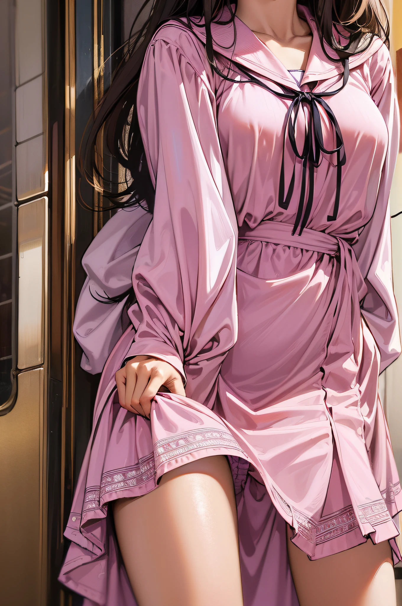 master part, best quality, high resolution, Purple eyes, Corte de bob marrom claro, high-school uniform, mini saia, saia plissada, Crotch Open Agachamento, Elevador de vestido: 2,Show tiny pink panties, Olhe para baixo, Close-up, Angle directly below