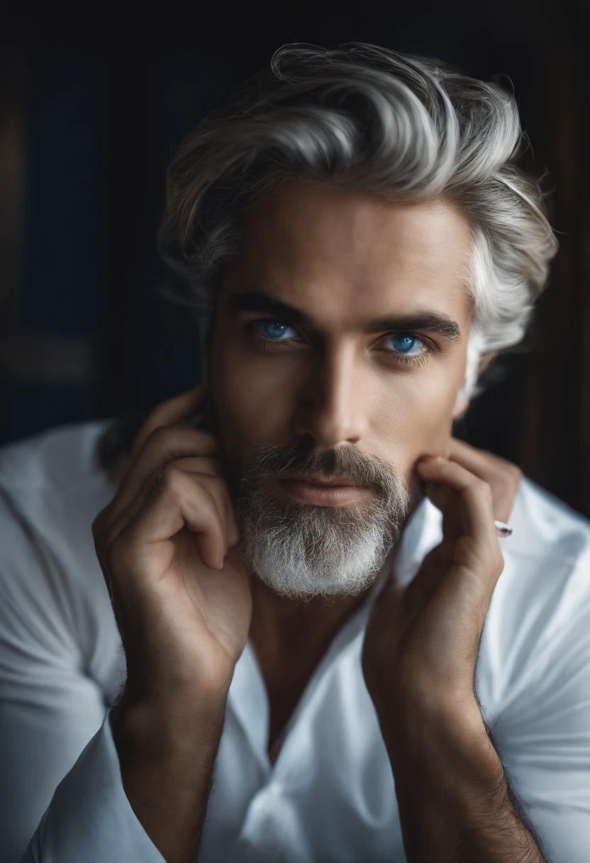 homem branco, olhos azul, cabelos louros claros, curtos serio