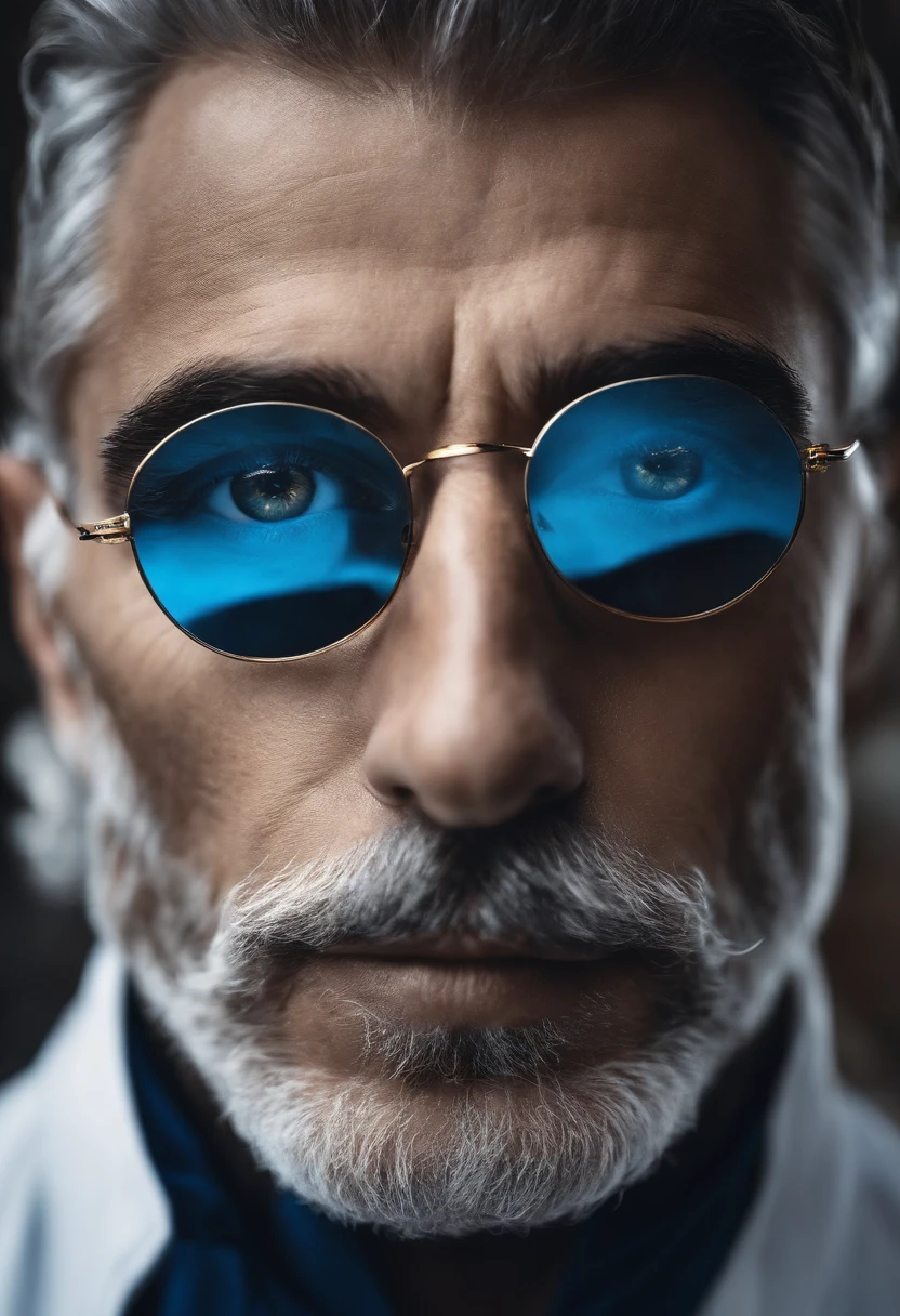 homem branco, olhos azul, cabelos louros claros, curtos serio