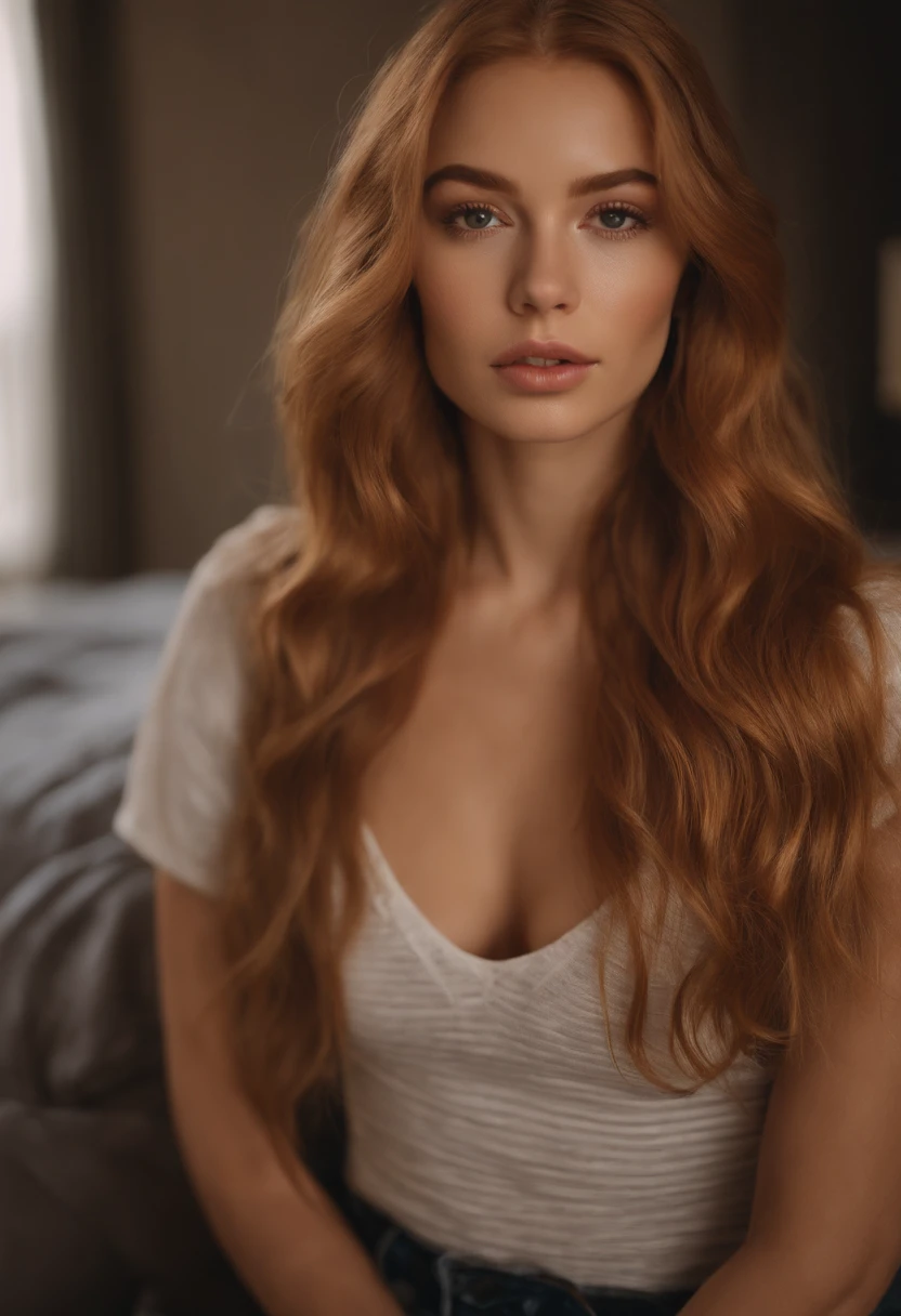woman, early 20s, model, ???? girl with brown eyes, ultra realistic, meticulously detailed, portrait sophie mudd, straight strawberry blonde hair, bedroom, renee murden, without makeup, natural makeup, looking directly at the camera, subtle makeup, kneeling on bed, in bedroom, ???????????