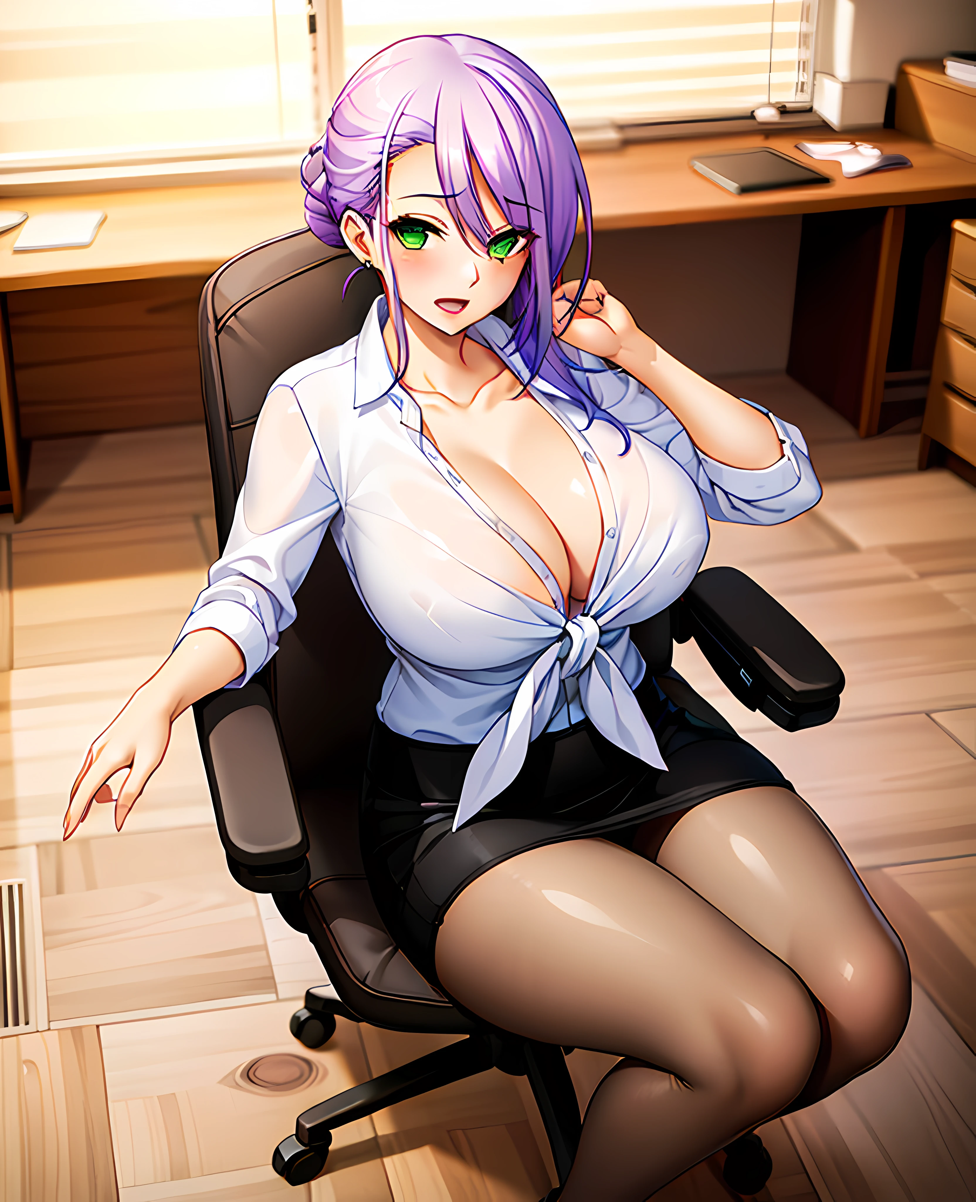 green_eyes, purple_hair, (tied_hair:1.5),
(masterpiece:1.2), best quality, game cg,highly_detailed,extremely_detailed_CG_unity_8k_wallpaper,illustration,highres,absurdres,pov, window shade, light particles,
1girl, blush, night, indoors, (full body:1.3), (office lady:1.3), office, (chair:1.2),
jewelry, earrings, shirt, (pantyhose),
(sitting_on_chair:1.3), huge breasts, seductive smile, looking at viewer, (open mouth), cleavage, hand on thigh,