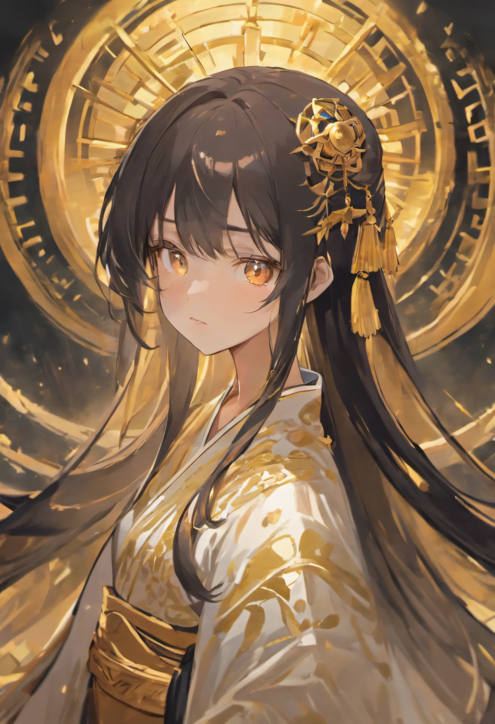 masterpiece, top quality, 1girl, straight black long hair, gold eyes, perfect face, short height, white hanfu