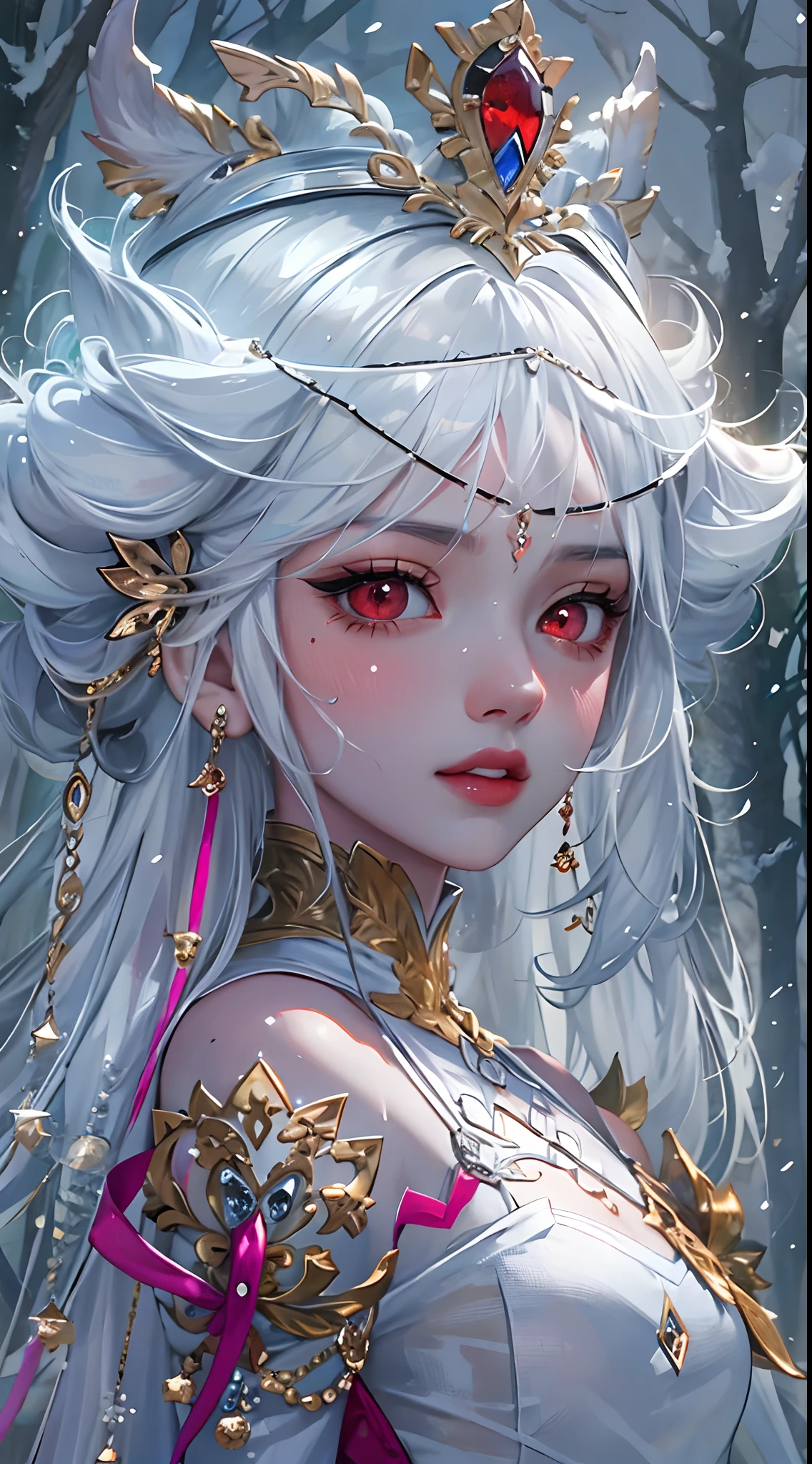 snow forest, frozen forest, (masterpiece, top quality, best quality, official art, beautiful and aesthetic:1.2), (1girl:1.3), (fractal art:1.3), absurd, masterpiece, best quality, realistic, hyper-detailed, (shiny skin, sweaty:1.4), looking at viewer, slender, 1girl, solo, white sneakers, white miniskirt, straight long hair, princess cut, purple hair, red eyes, (thick thighs:0.5), dynamic lighting, high resolution, sharp focus, depth of field, small breasts, vampire, masterpiece, best quality, ultra-detailed, illustration, ultra-detailed face, best quality face, evil, 24 years old, adult, 1girl, 24 years old, no human, white hair, alchemy outfit, intricate detailed outfit, sexy pose, glowing red dress, cute, kawaii, digital art, finely detailed eyes