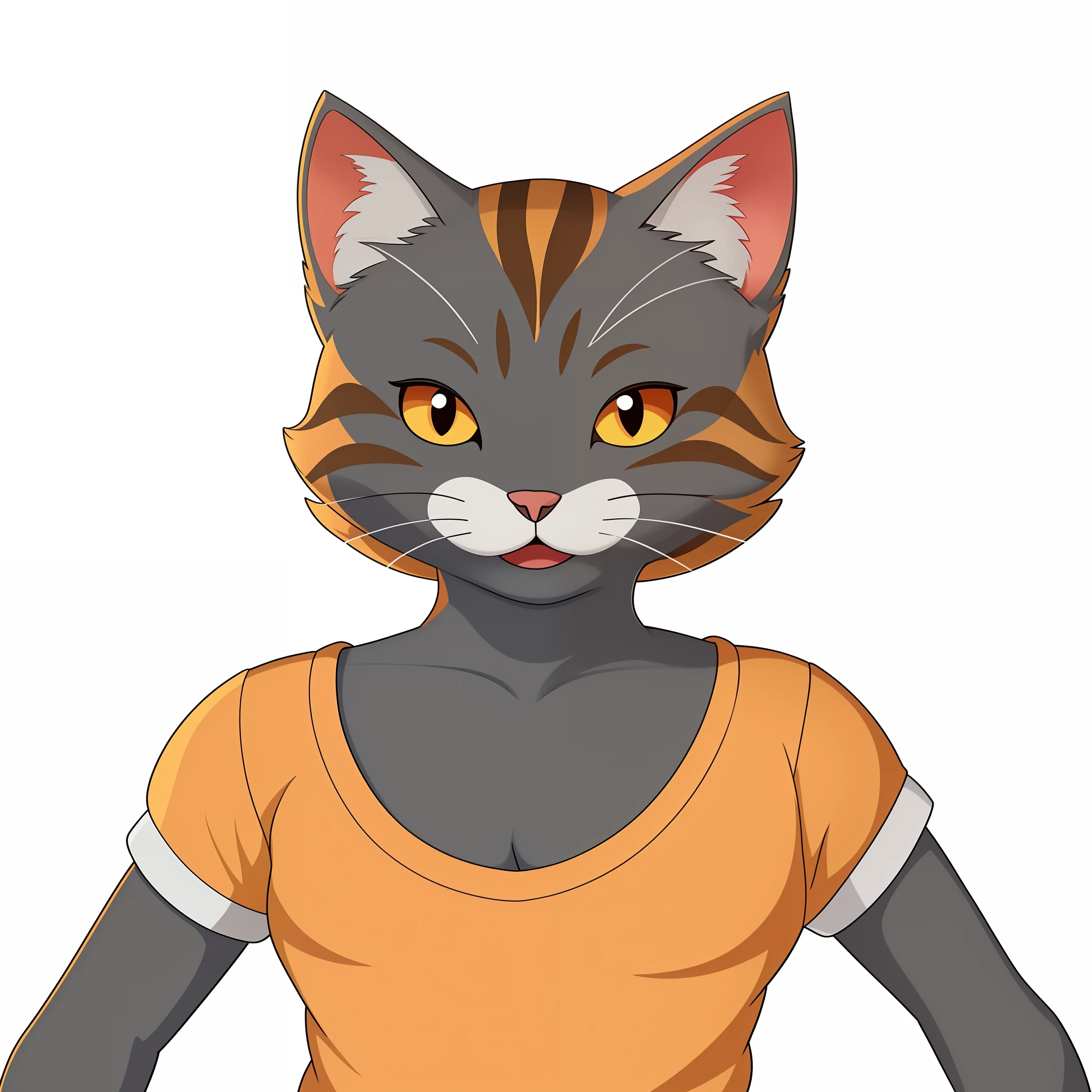 There is a cat with a shirt and a shirt, anthropomorphic female cat, Avatar da parte superior do corpo, Woman / cat hybrid, the cat is orange, human cat hybrid, gato atraente, sem linha, gatinha, um gato antro, Avatar do jogo 2D do corpo superior, anthropomorphic cat, Gato Anime, gatinha jovem bonita