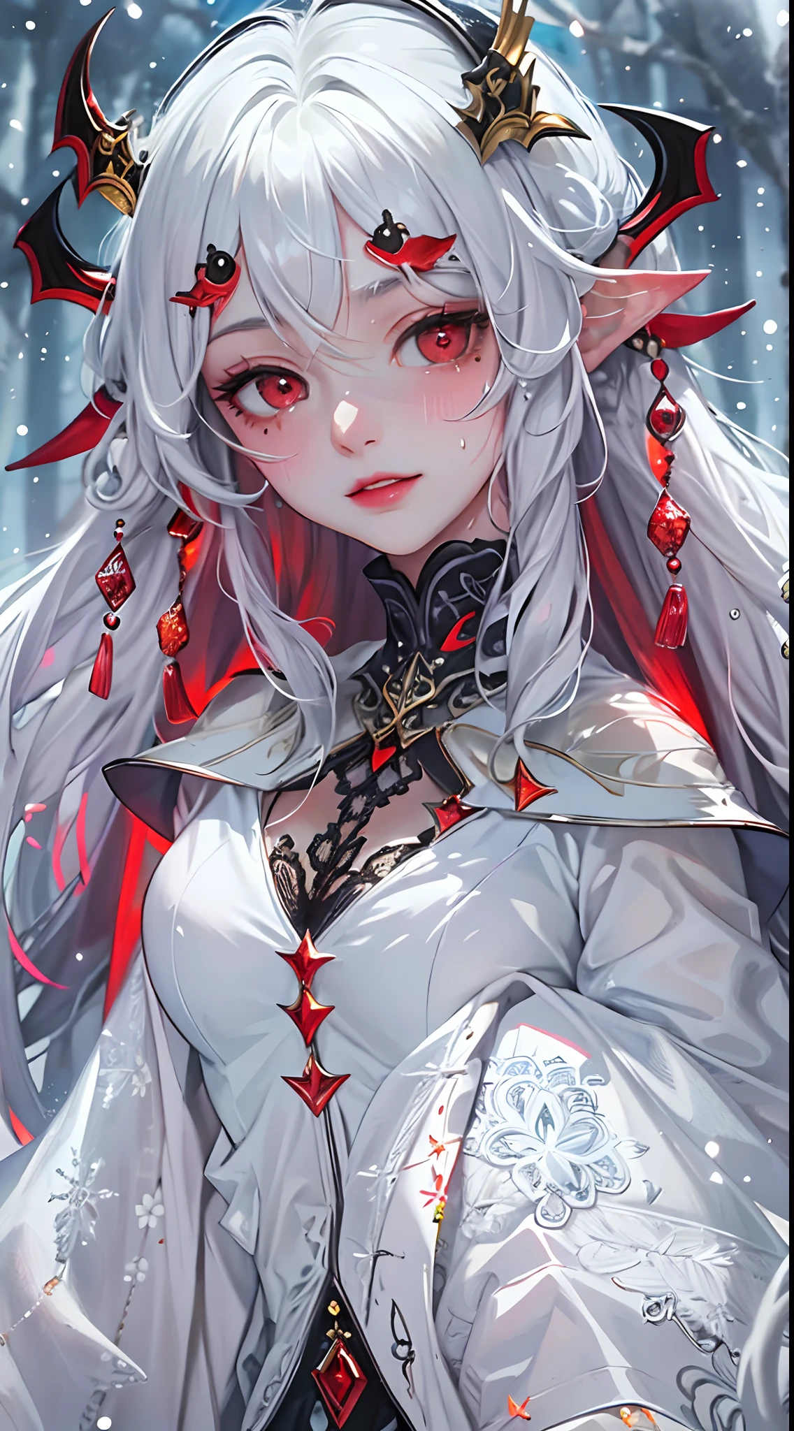 snow forest, frozen forest, (masterpiece, top quality, best quality, official art, beautiful and aesthetic:1.2), (1girl:1.3), (fractal art:1.3), absurd, masterpiece, best quality, realistic, hyper-detailed, (shiny skin, sweaty:1.4), looking at viewer, slender, 1girl, solo,  white sneakers, white miniskirt, straight long hair, princess cut, purple hair, red eyes, (thick thighs:0.5), dynamic lighting, high resolution, sharp focus, depth of field, small breasts, vampire,  masterpiece, best quality, ultra-detailed, illustration, ultra-detailed face, best quality face, evil, 24 years old, adult, 1girl, 24 years old,  no human, white hair, alchemy outfit, intricate detailed outfit, sexy pose, glowing red dress, cute, kawaii, digital art, finely detailed eyes