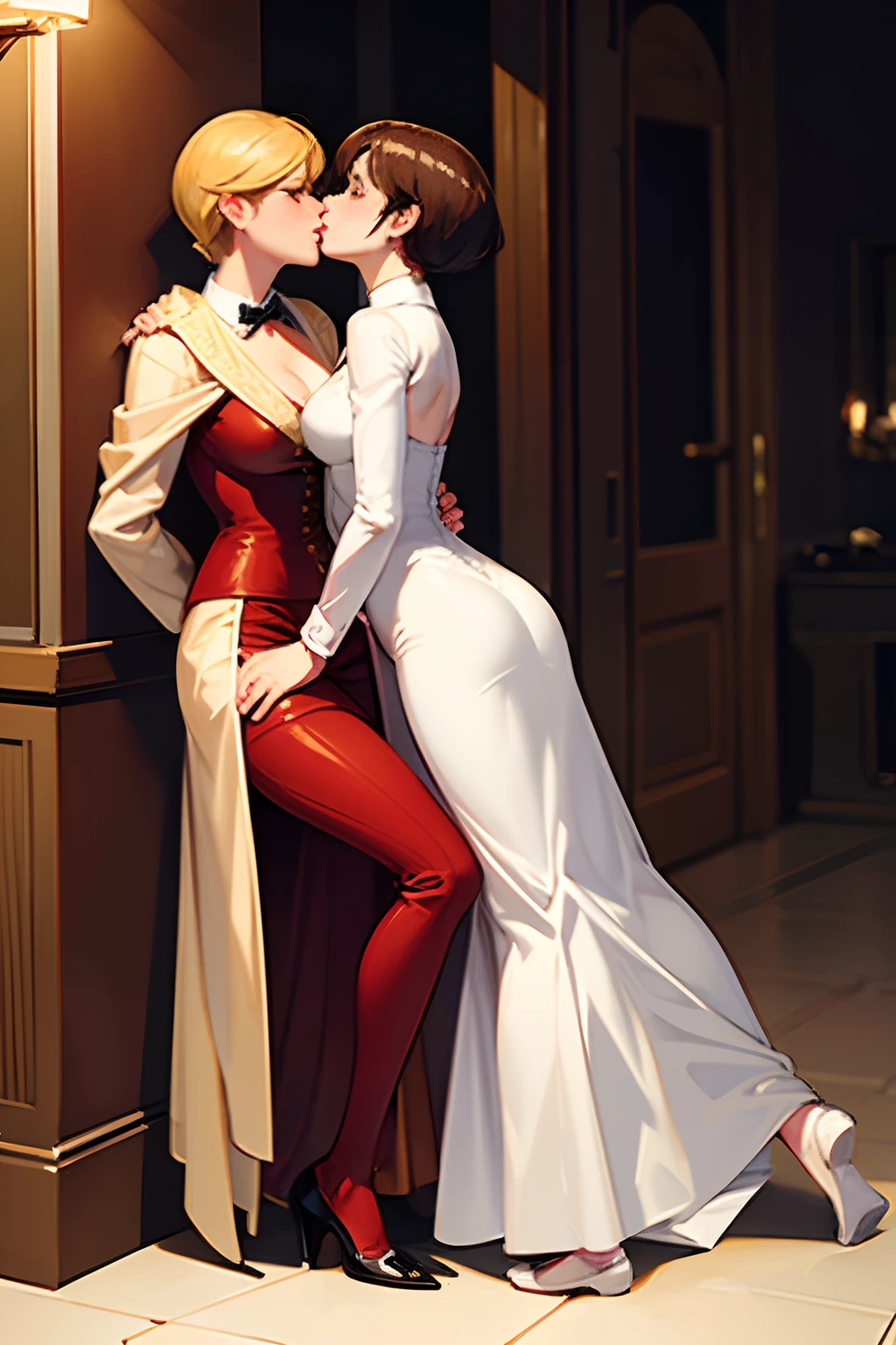 Beautiful lesbian women kissing on the Titanic, full body