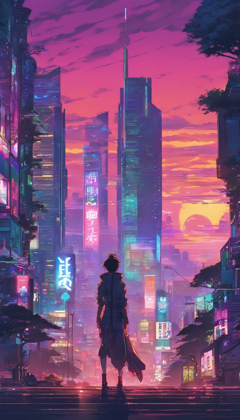 Close-up of the city with neon sunset in the background, Cidade Synthwave, Cidade Vaporwave, synthwave aesthetic, Cidade Neon ao fundo, Antecedentes da Neo Tokyo, Neon metropolis in the background, fundo urbano futurista, Cyberpunk aesthetics, The backstory of the city is cyberpunk, Cidade Cyberpunk Roxa, fundo da cidade cyberpunk, Cyberpunk aesthetics, atmosfera cyberpunk, Paisagem urbana cyberpunk,nuvens de anime, Fundo do anime, anime sky, em estilo de makoto shinkai, Belas nuvens inchadas. O Anime, Estilo de Makoto Shinkai, Makoto Sinkai!, beautiful anime scenery, baseado em Makoto Shinkai, papel de parede de paisagem anime, Makoto Sinkai!!, Makoto Shinkai Estilo de Arte,Menina japonesa,pale skin,cara bonita(cabelo roxo)jaqueta vermelha,tokyo at night, com estilo cyberpunk,japanese streetwear,tokyo fashion,Em uma jaqueta Cyberpunk 2 0 7 7,Comprimento total,pose atraente,Bottom view