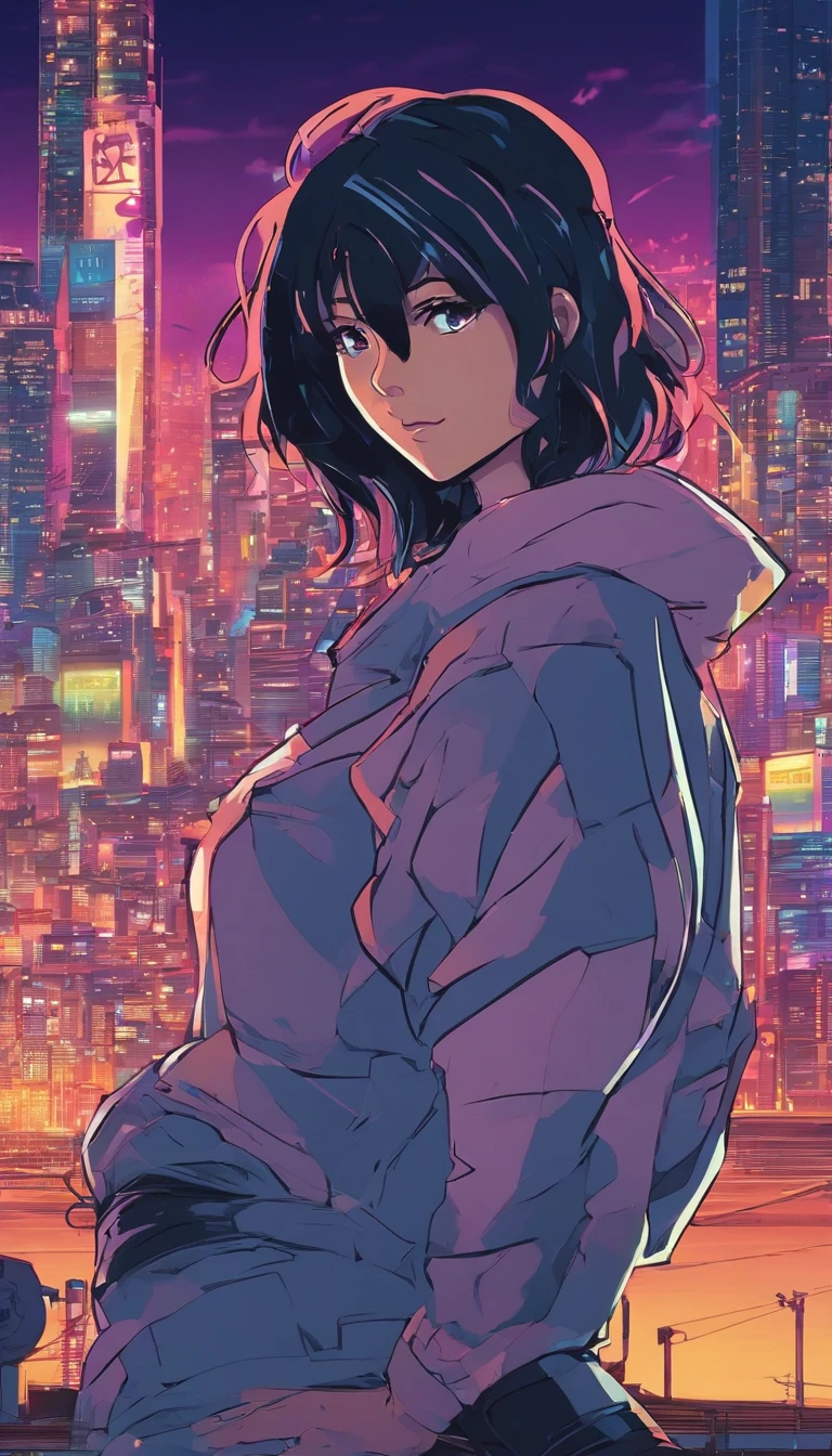 Close-up of the city with neon sunset in the background, Cidade Synthwave, Cidade Vaporwave, synthwave aesthetic, Cidade Neon ao fundo, Antecedentes da Neo Tokyo, Neon metropolis in the background, fundo urbano futurista, Cyberpunk aesthetics, The backstory of the city is cyberpunk, Cidade Cyberpunk Roxa, fundo da cidade cyberpunk, Cyberpunk aesthetics, atmosfera cyberpunk, Paisagem urbana cyberpunk,nuvens de anime, Fundo do anime, anime sky, em estilo de makoto shinkai, Belas nuvens inchadas. O Anime, Estilo de Makoto Shinkai, Makoto Sinkai!, beautiful anime scenery, baseado em Makoto Shinkai, papel de parede de paisagem anime, Makoto Sinkai!!, Makoto Shinkai Estilo de Arte, japonesa,pale skin,cara bonita(cabelo roxo)jaqueta vermelha,tokyo at night, com estilo cyberpunk,japanese streetwear,tokyo fashion,Em uma jaqueta Cyberpunk 2 0 7 7,Comprimento total,pose atraente,Bottom view