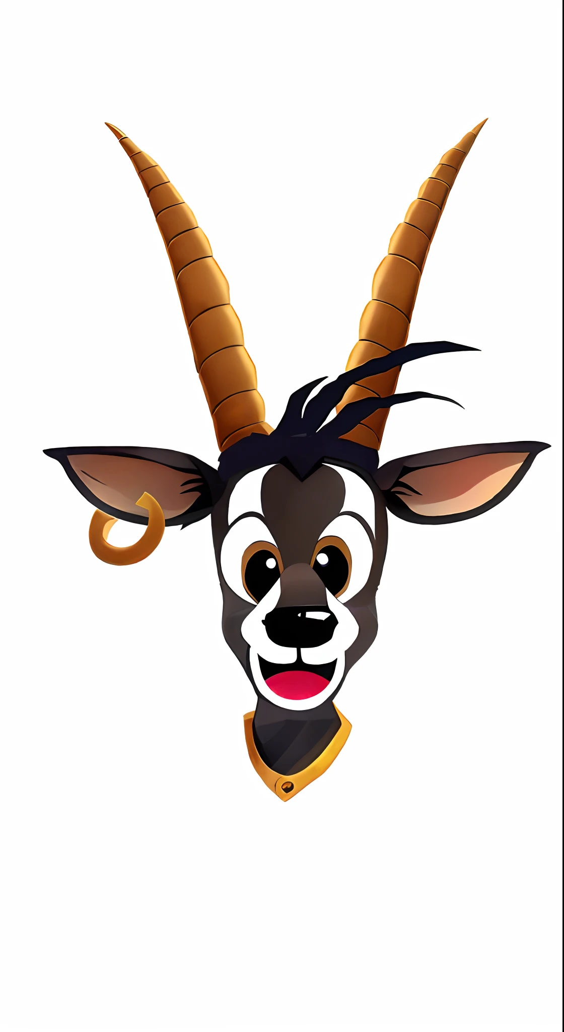 Olhos grandes brilhantes e alegres sorridente, pelos negros azulados com manchas brancas sobre os olhos e em volta da boca, um contorno bem definido, inspirado  em desenhos da disney, two golden horns and a golden hoop earring, um nariz preto e brilhante, duas grandes orelhas como a de uma cabra.o cabelo bem definido