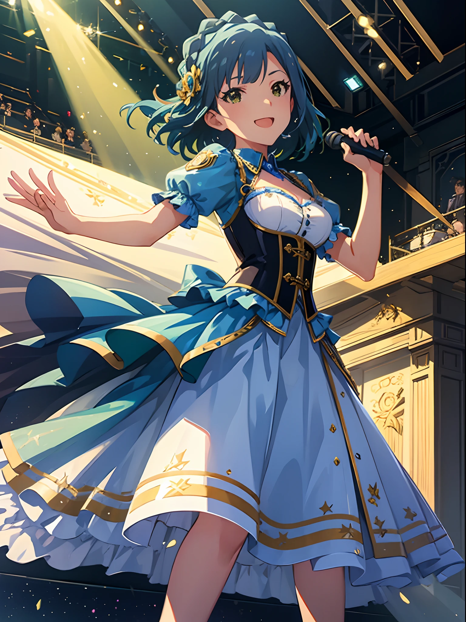 yuriko nanao (million live), 1 girl, Solo, Best Quality, High resolution, 8K, Wallpaper, Ultra-detailed, detailed face, singing, smile, dynamic porse, idol costume, Corset Dresses, Collared dress, white and Green dress, sweat, weaving for viewer, fireworks, concert light,