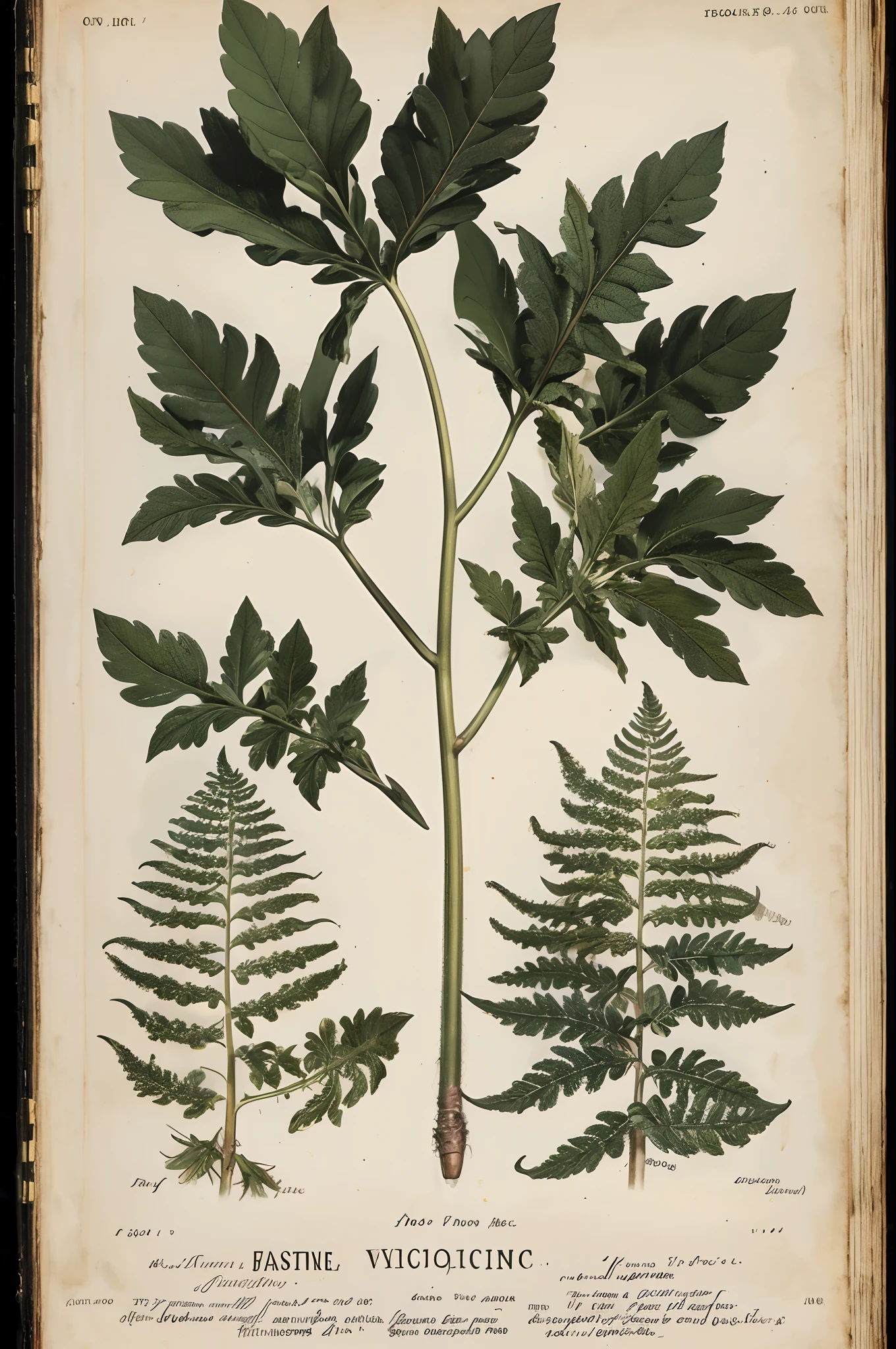 ((nobody)) Vintage Victorian style, Precise old encyclopedia (best quality:1.2), (detailed:1.2), (masterpiece:1.2), vintage botanical illustrations of fern on black background, ((black background))