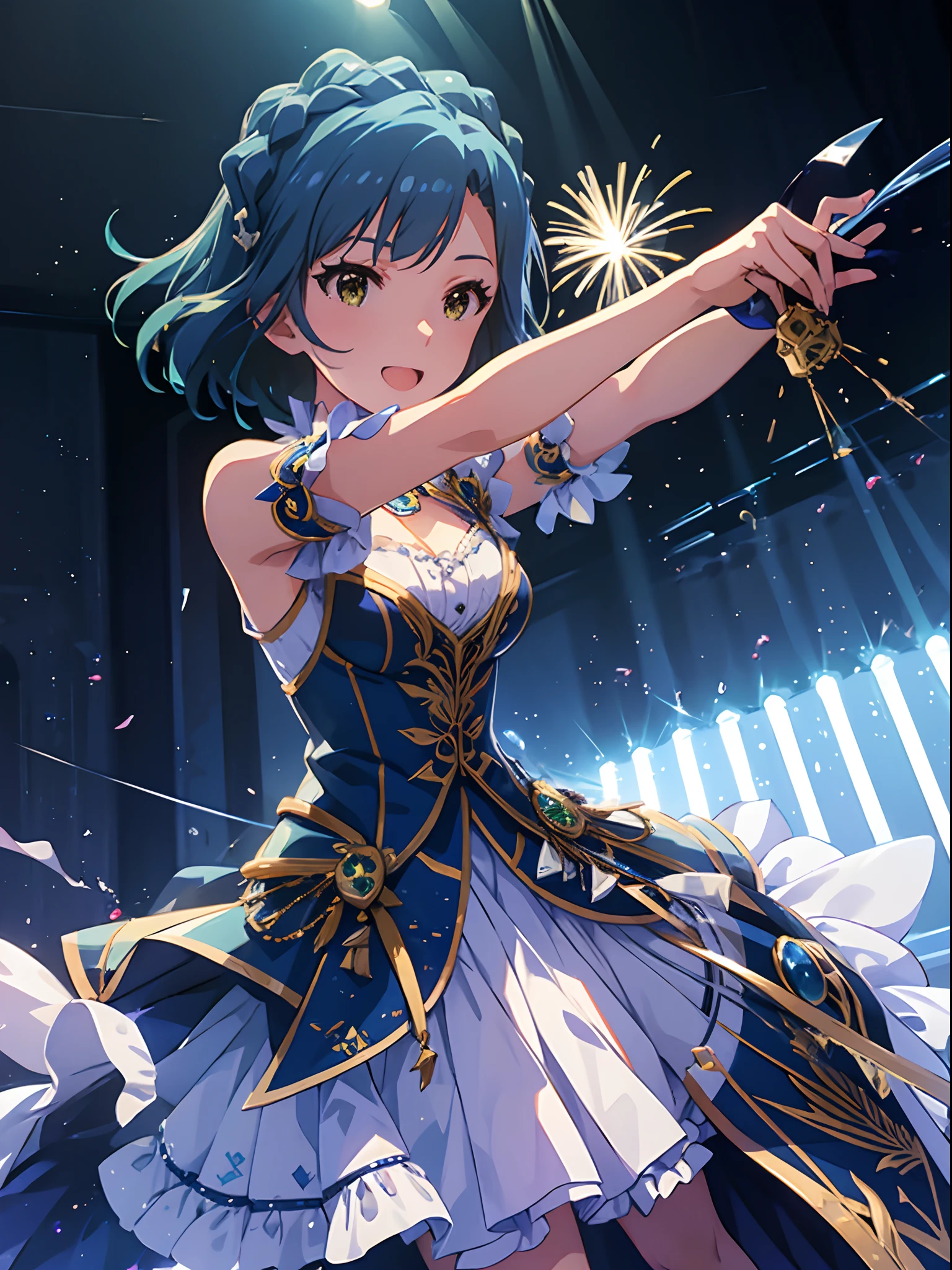 yuriko nanao (million live), 1 girl, Solo, Best Quality, High resolution, 8K, Wallpaper, Ultra-detailed, detailed face, singing, smile, dynamic porse, idol costume, Corset Dresses, Collared dress, white and Green dress, weaving for viewer, fireworks,