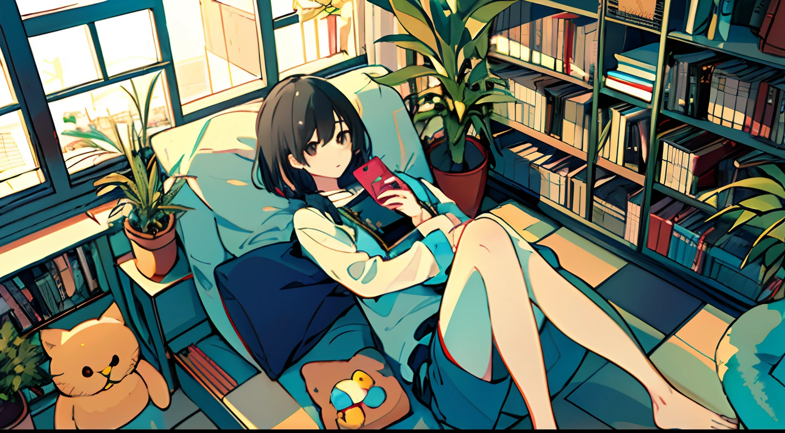 a girls, from above, plant, black hair, cat, lying, indoors, holding, long sleeves, long hair, stuffed toy, potted plant, book, food, window, phone, loaded interior, television, short hair, on back, stuffed animal, bangs, slippers, barefoot, sitting, bookshelf, shelf, cable, computer