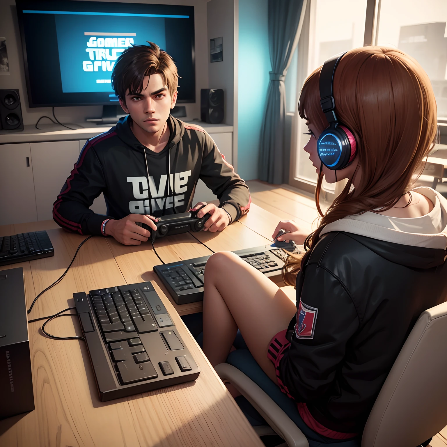 A gamer boy and girl playing GTA V computer game in the gaming room